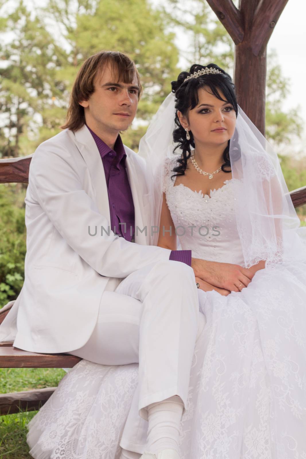 Couple in love bride and groom posing sitting on wooden bench in gazebo in their wedding day in summer.