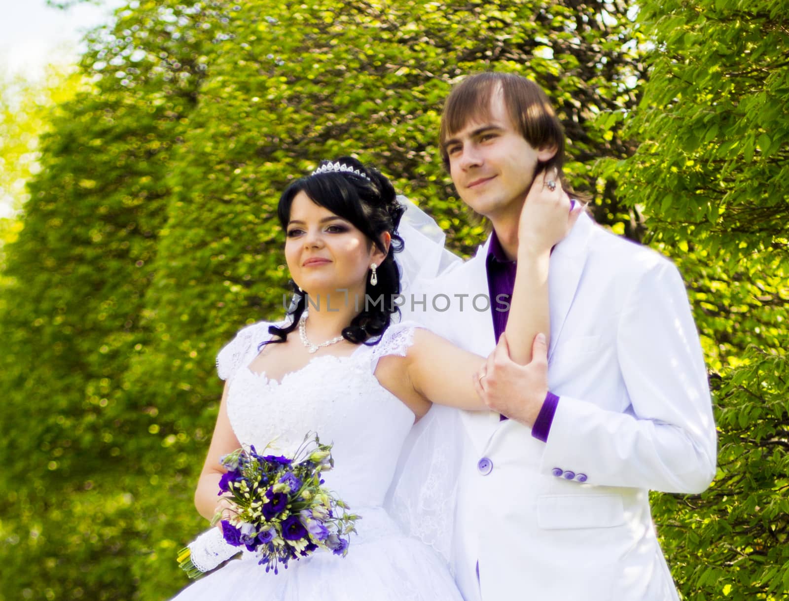 Elegant bride and groom posing together outdoors on a wedding da by serhii_lohvyniuk