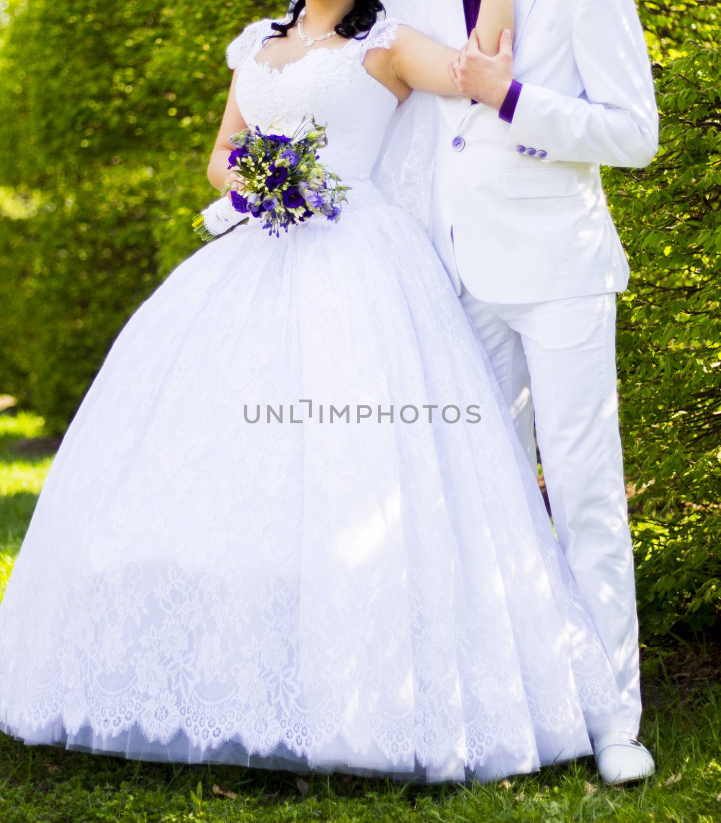 Elegant bride and groom posing together outdoors on a wedding da by serhii_lohvyniuk