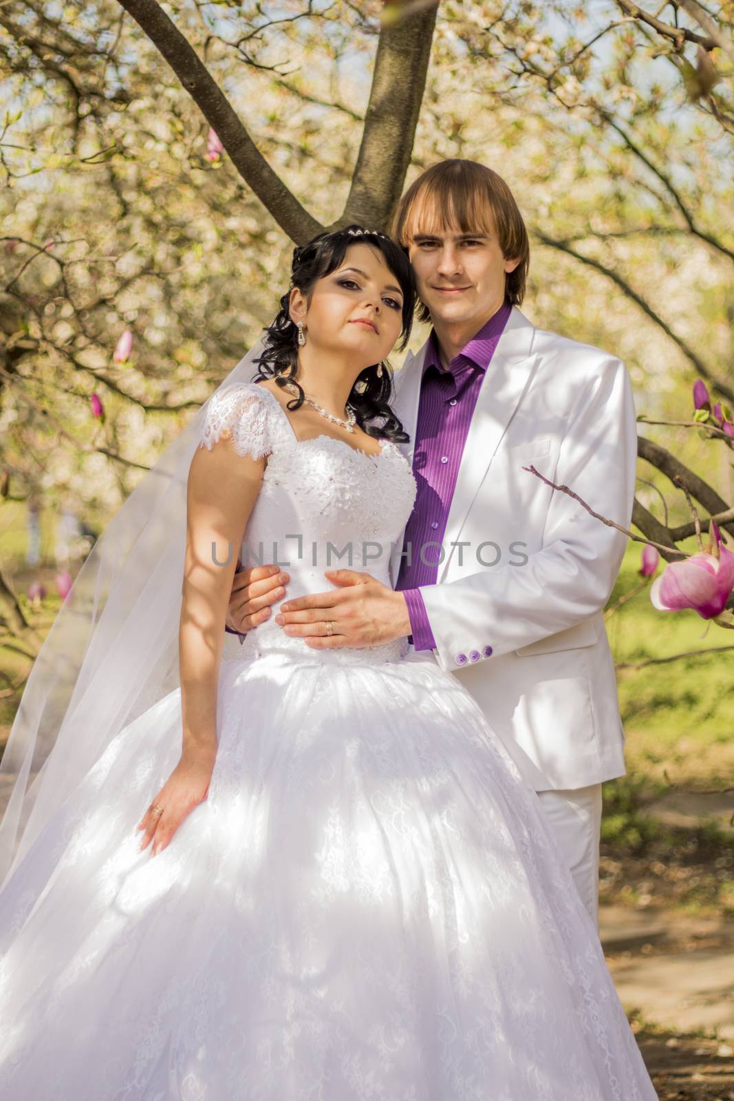 Newlyweds on nature background with blossoming magnolias.