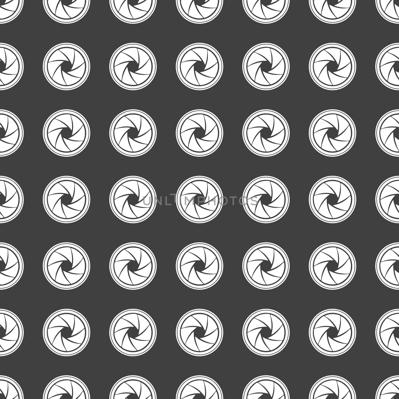 Photo camera diaphragm web icon. flat design. Seamless gray pattern.