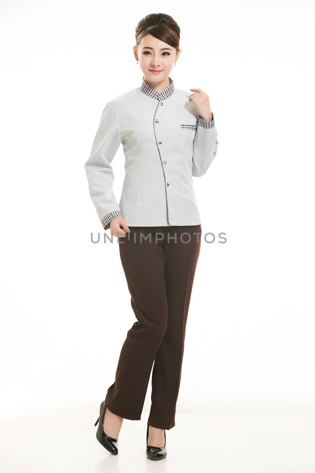 dressed in overalls who stand in front of a white background