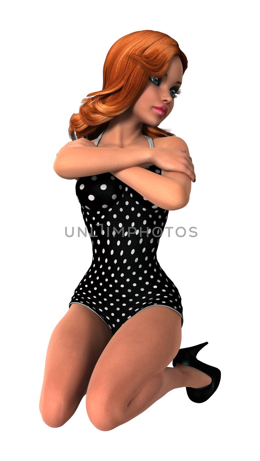 3D digital render of a beautiful pinup girl wearing a swimming suit isolated on white background