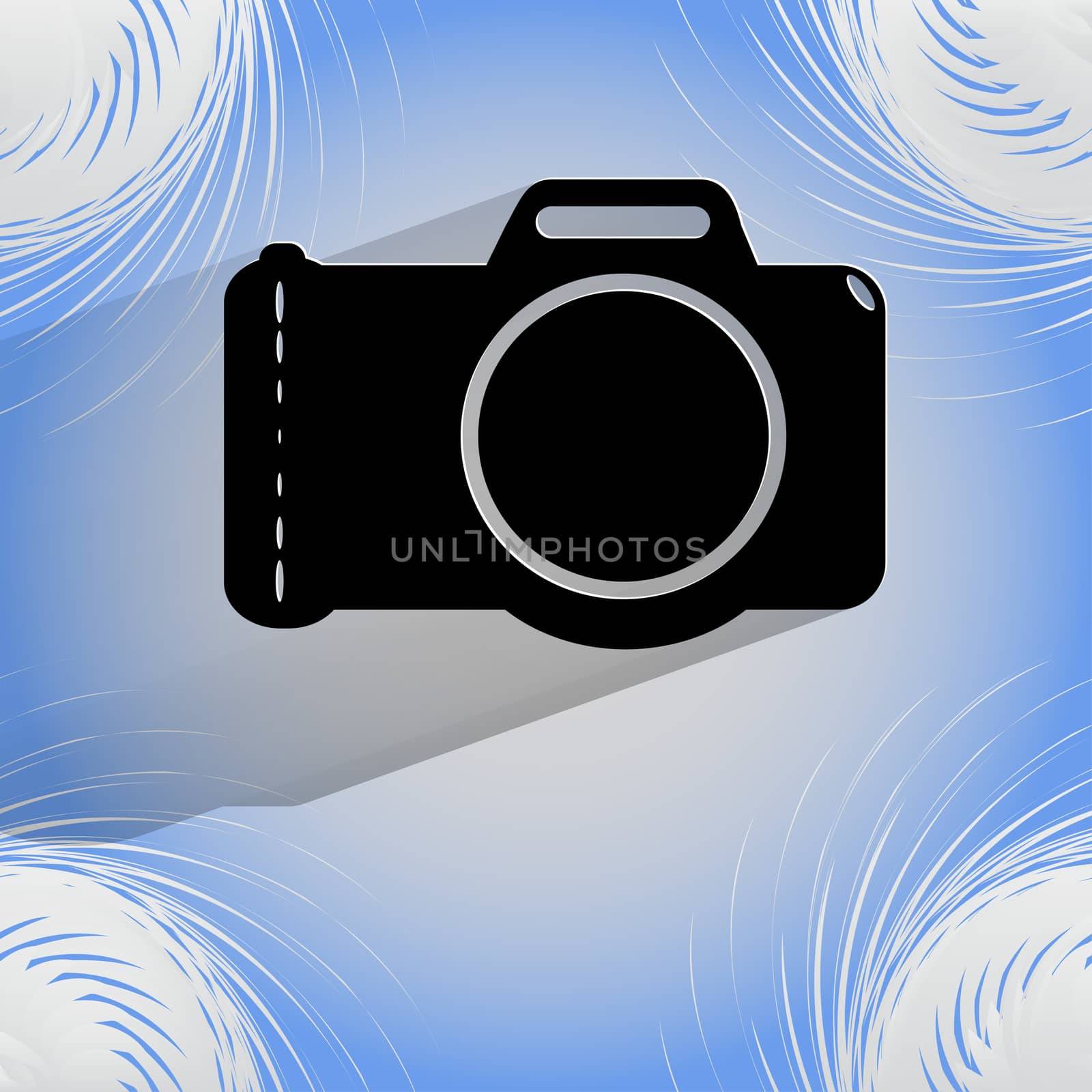 Photo camera .Flat modern web button with long shadow  on a flat geometric abstract background  . 