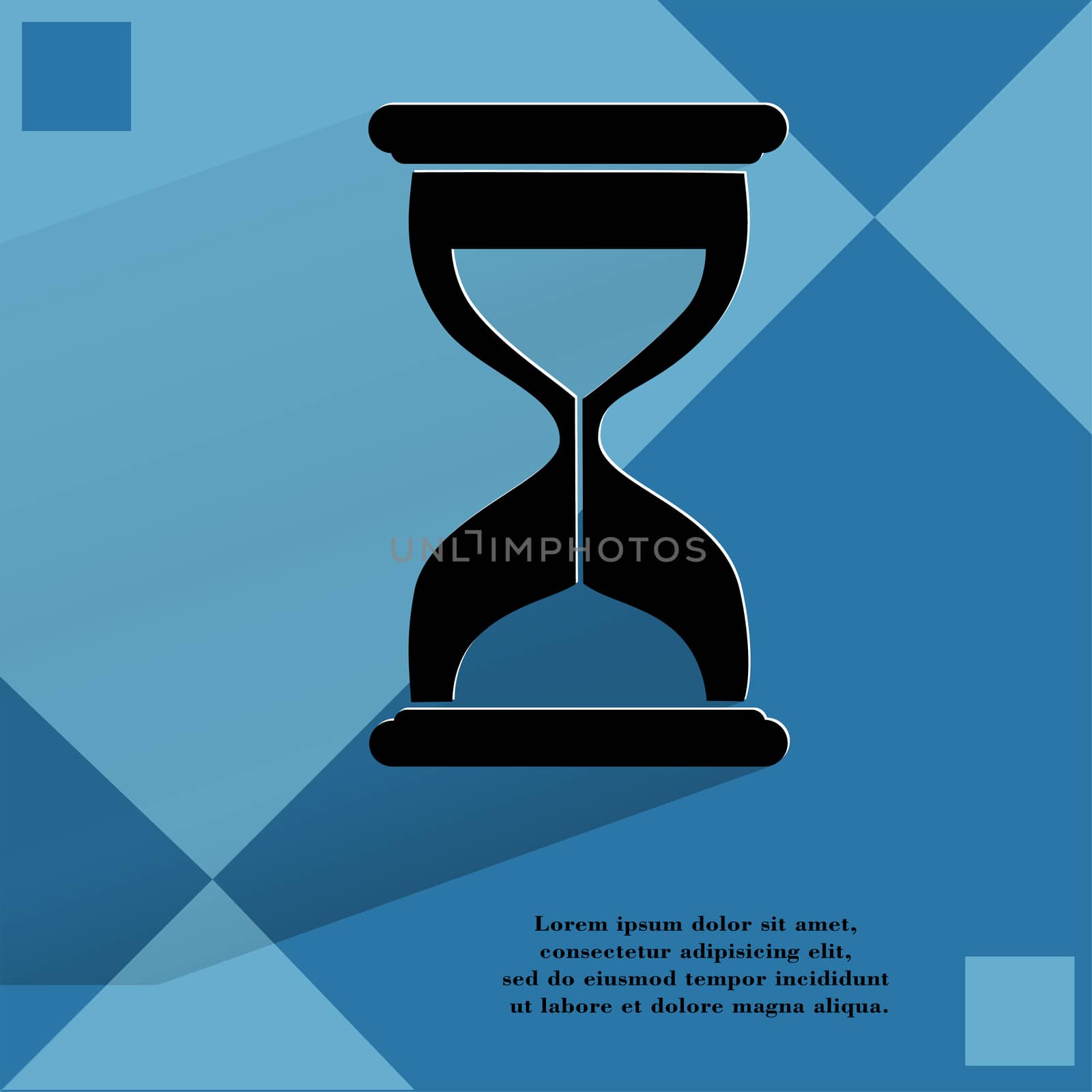 Sand clock. Glass timer . Flat modern web button  on a flat geometric abstract background  . 