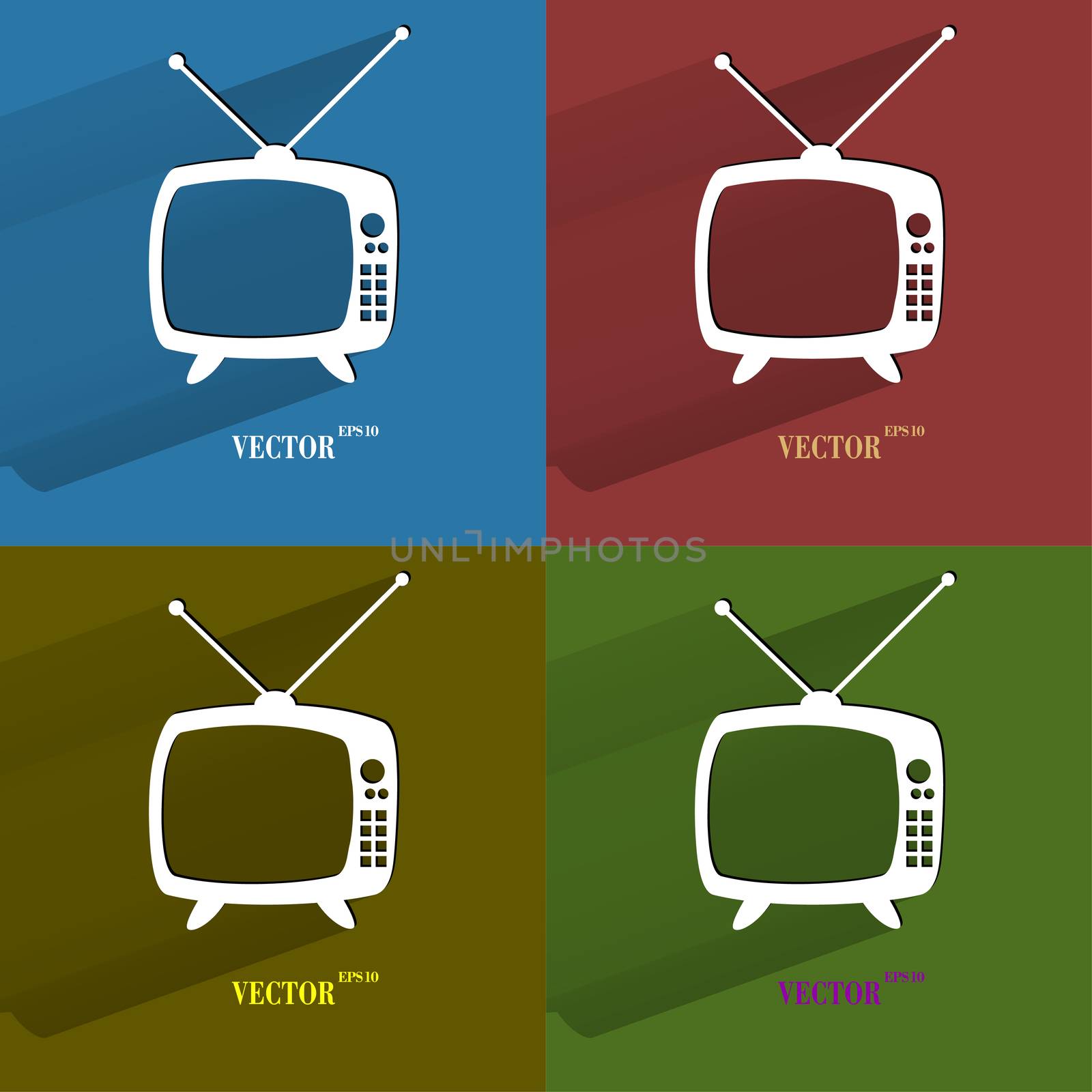 Color set Retro tv. Flat modern web button with long shadow and space for your text. . 