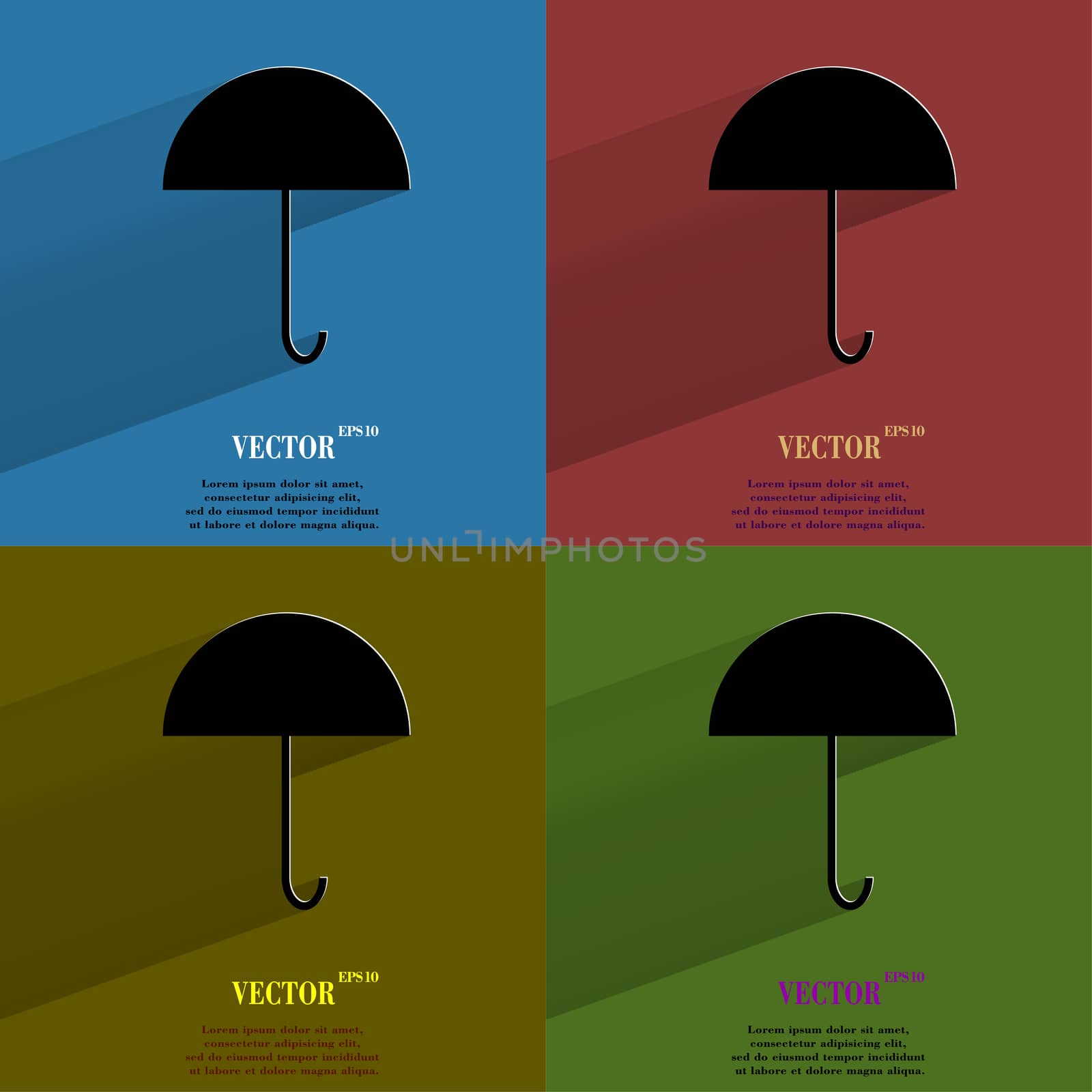 Color set Umbrella. Flat modern web button with long shadow and space for your text. . 