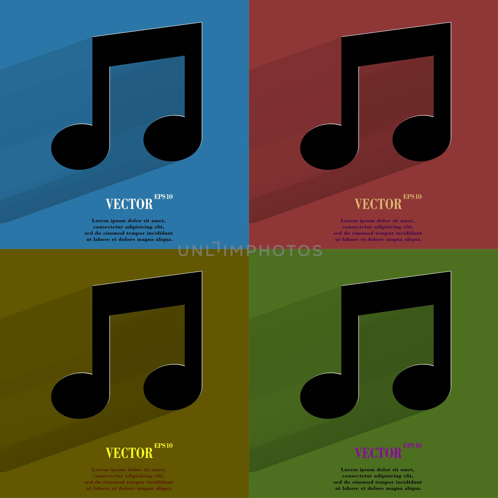 Color set Music note. Flat modern web button with long shadow and space for your text. . 