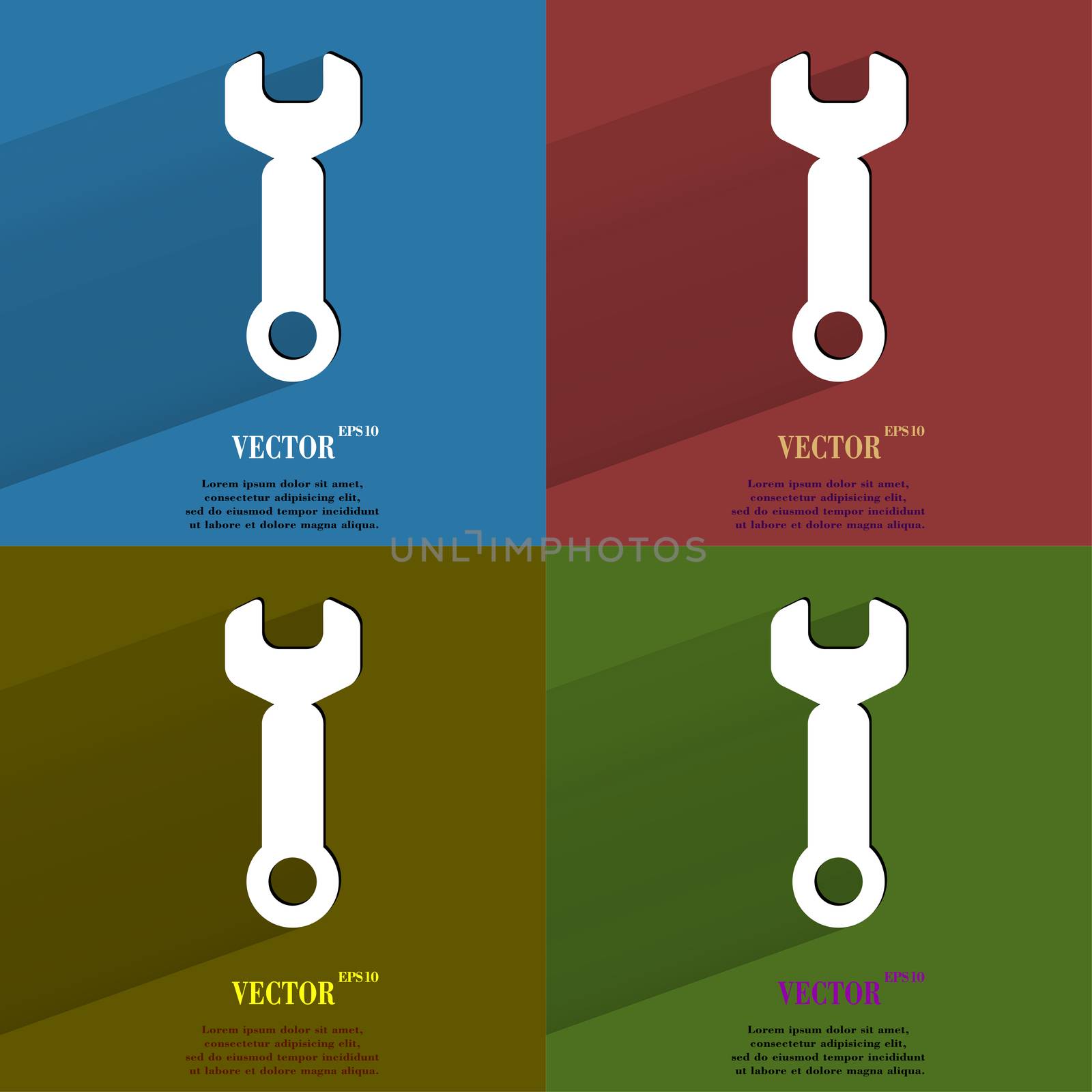 Color set Wrench. tool to work. Flat modern web button with long shadow and space for your text. by serhii_lohvyniuk