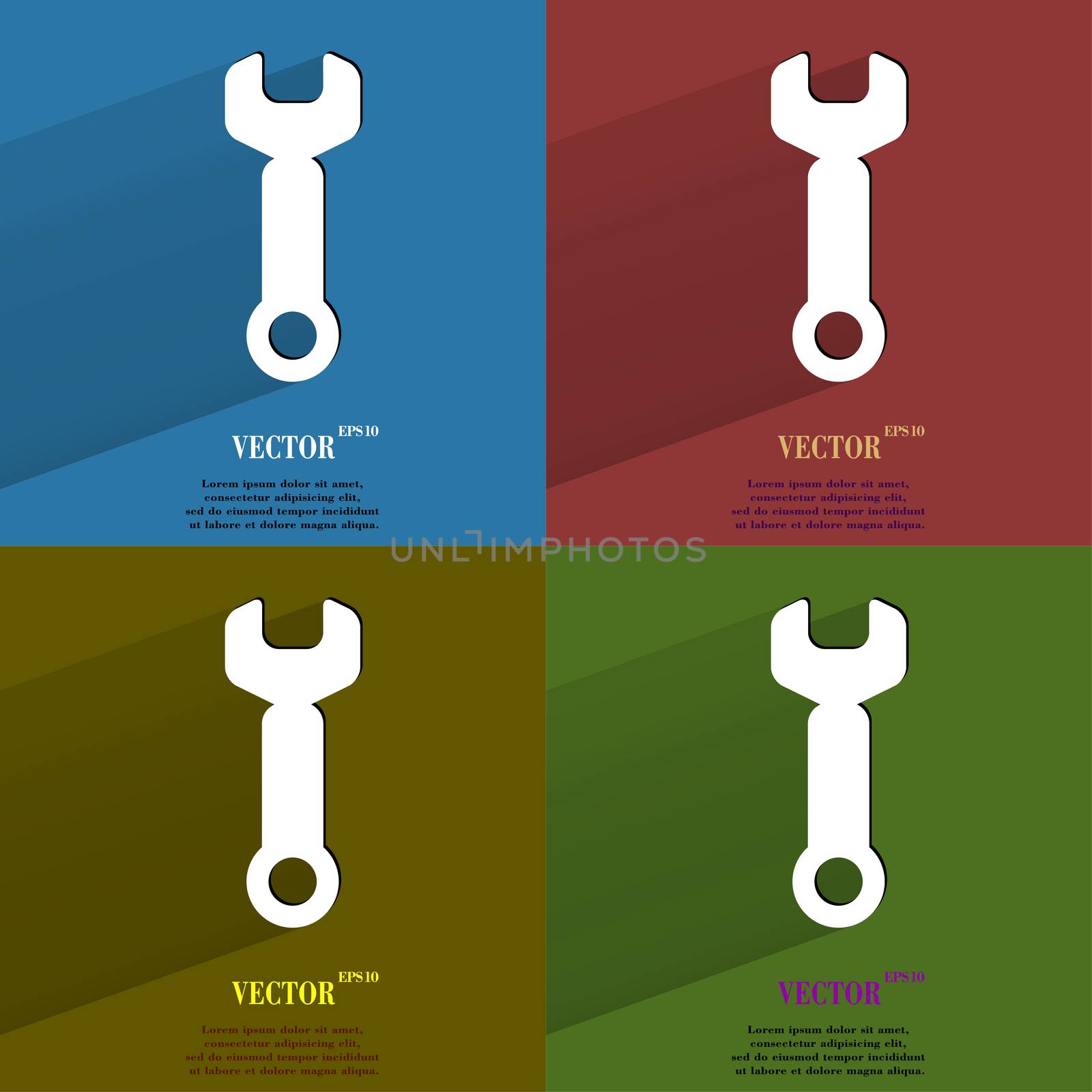 Color set Wrench. tool to work Flat modern web button with long shadow and space for your text. . 