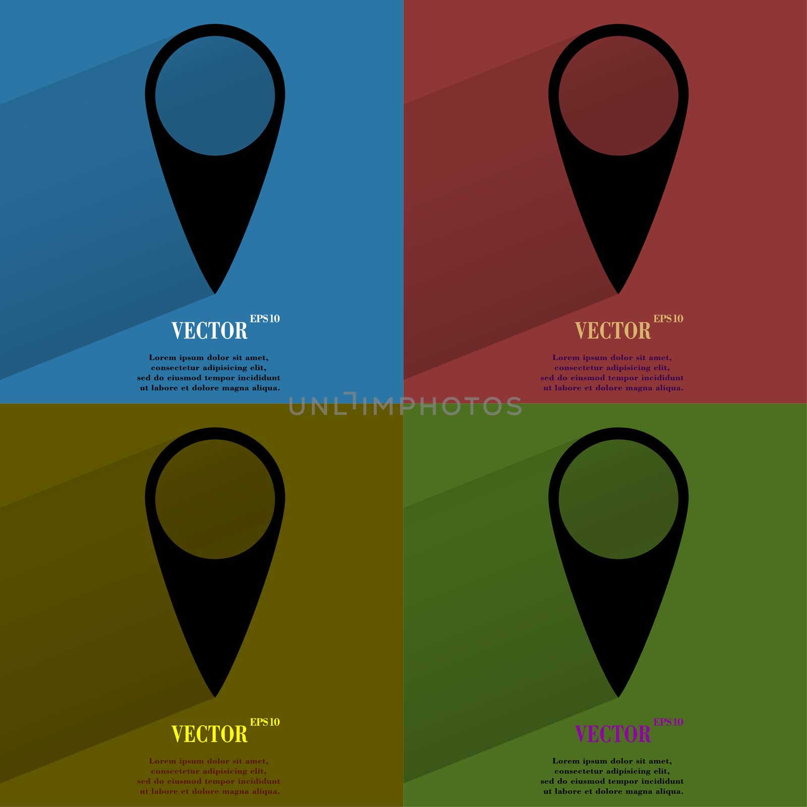 Color set map pointers. Flat modern web button with long shadow and space for your text. . 