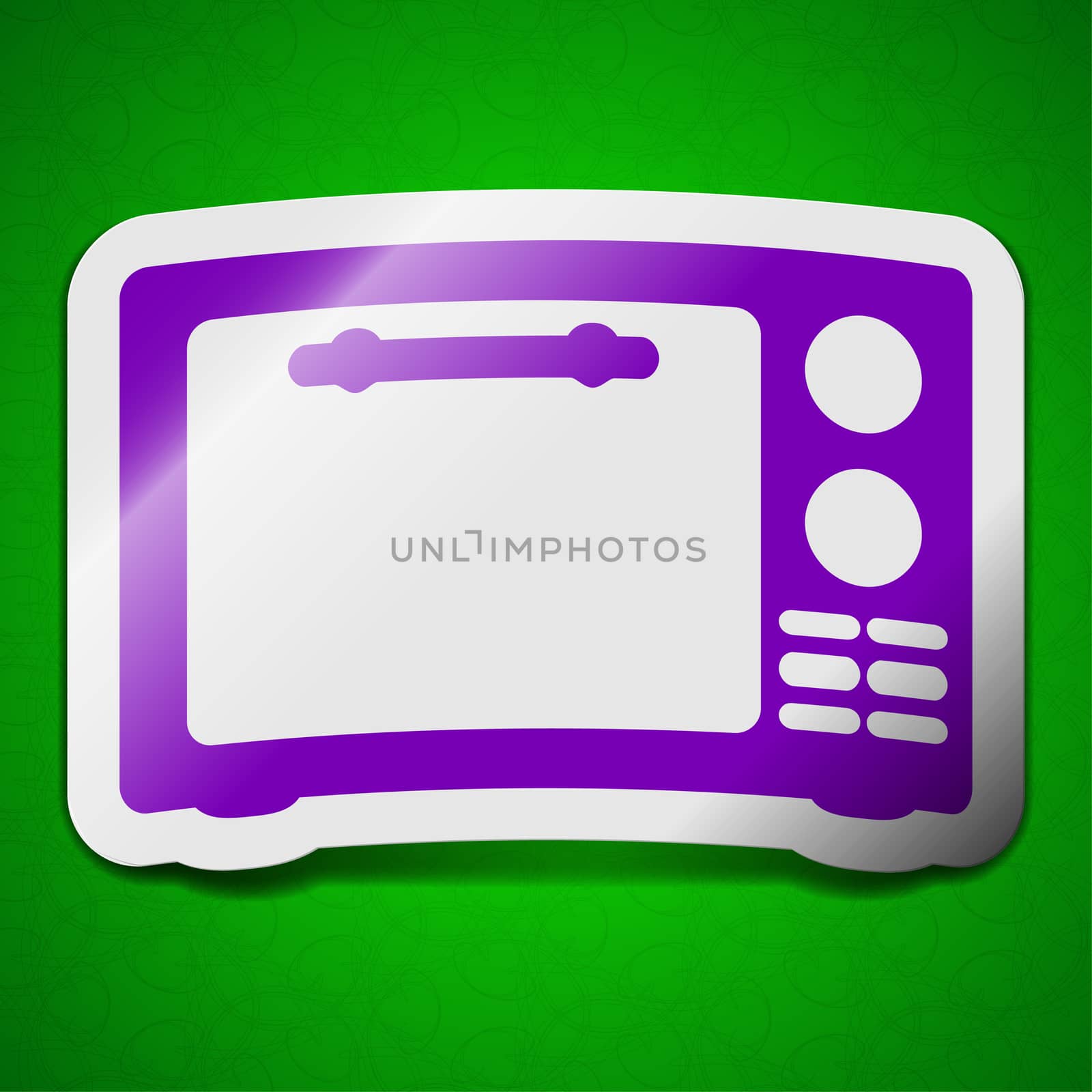 Microwave oven icon sign. Symbol chic colored sticky label on green background.  illustration