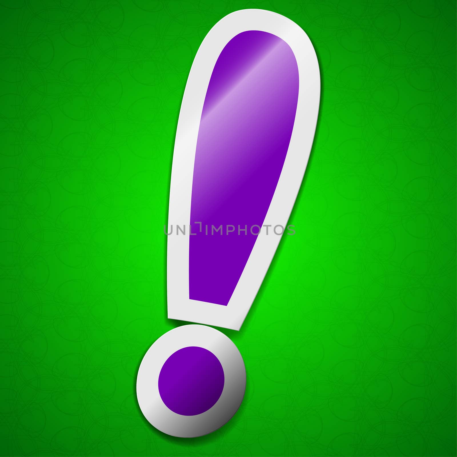 Exclamation mark icon sign. Symbol chic colored sticky label on green background.  illustration