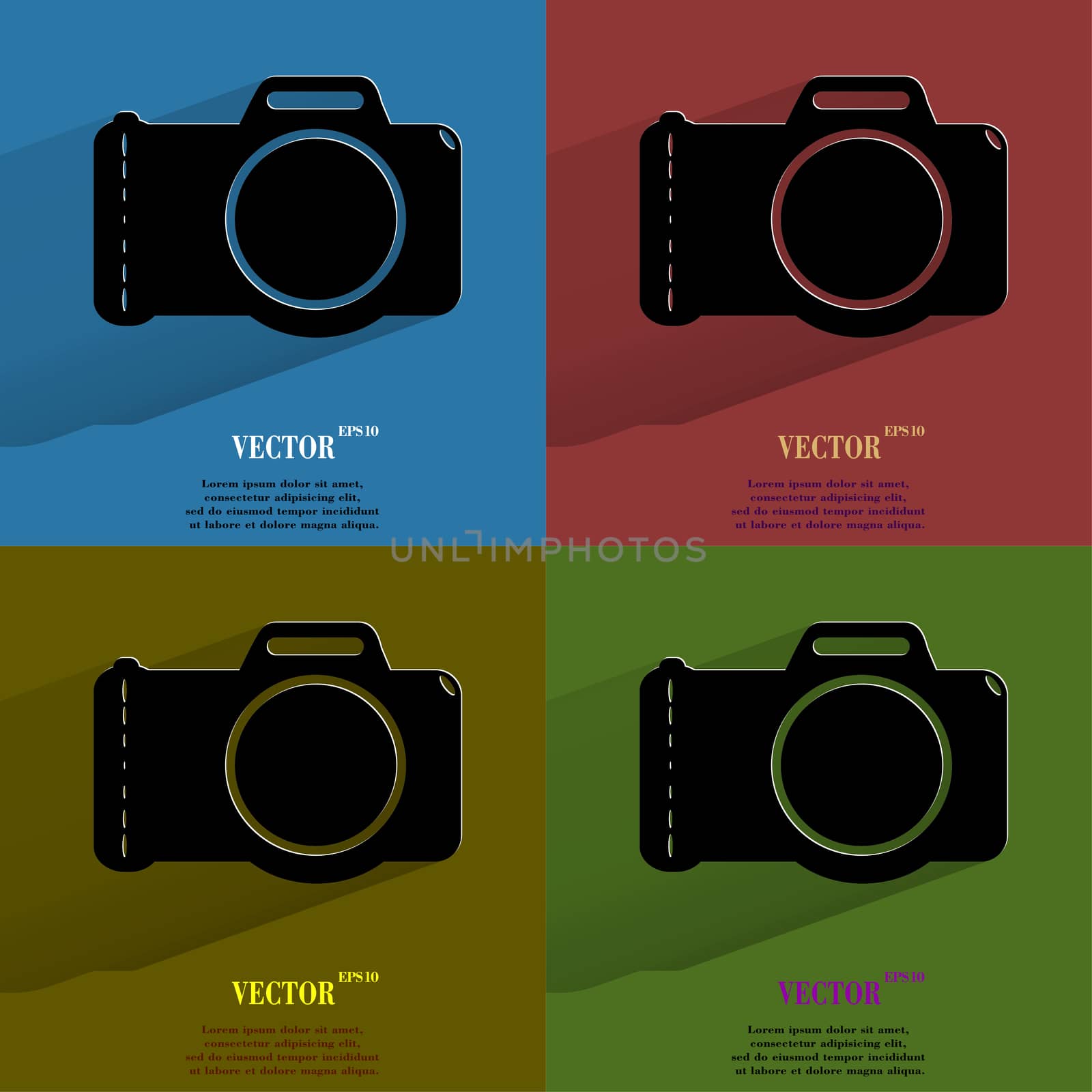 Color set Photo camera .Flat modern web button with long shadow and space for your text. . 