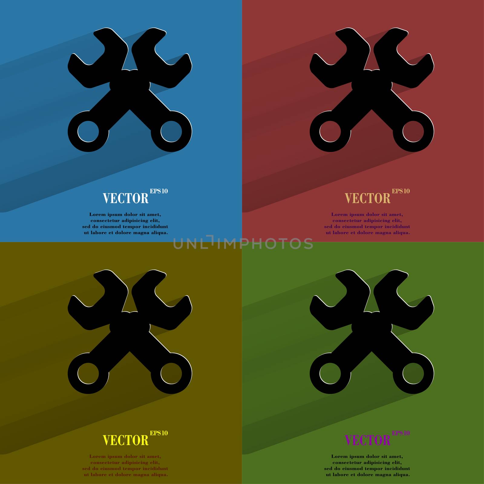 Color set Wrench. tool to work Flat modern web button with long shadow and space for your text. . 