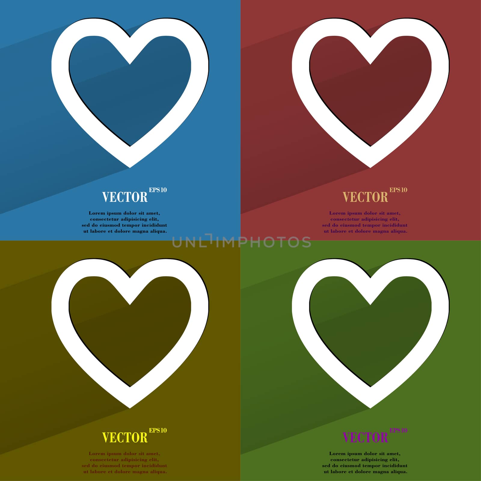 Color set Heart. Flat modern web button with long shadow and space for your text. by serhii_lohvyniuk