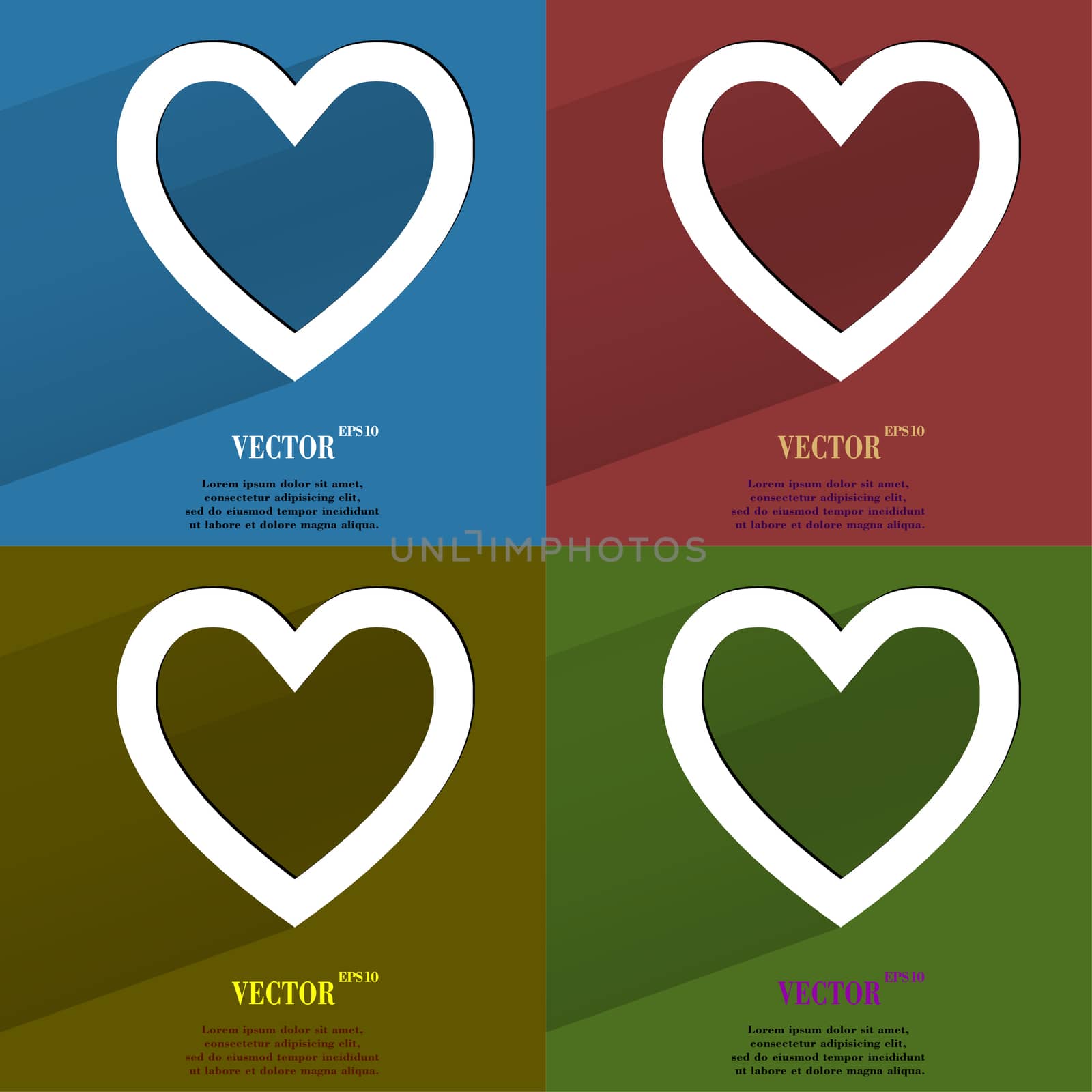 Color set Heart. Flat modern web button with long shadow and space for your text. . 