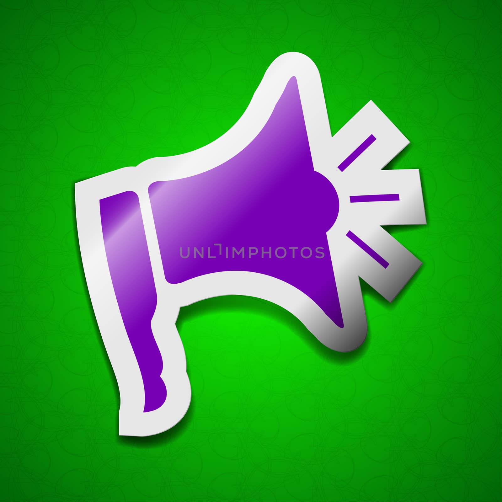 Megaphone icon sign. Symbol chic colored sticky label on green background.  illustration