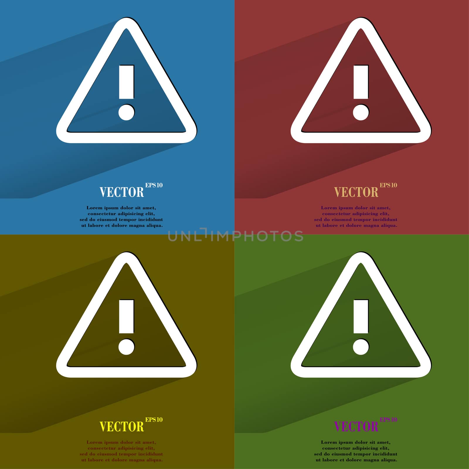 Color set danger. exclamation mark Flat modern web button with long shadow and space for your text. . 