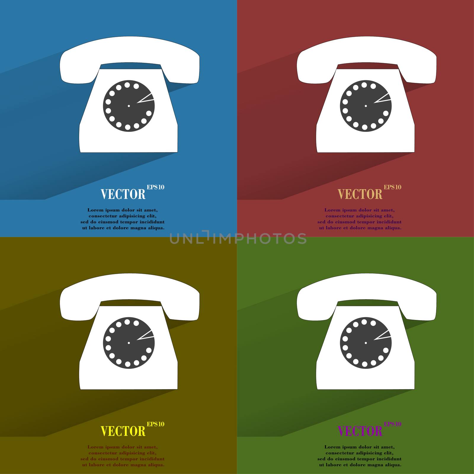 Color set Retro telephone. Flat modern web button with long shadow and space for your text. . 