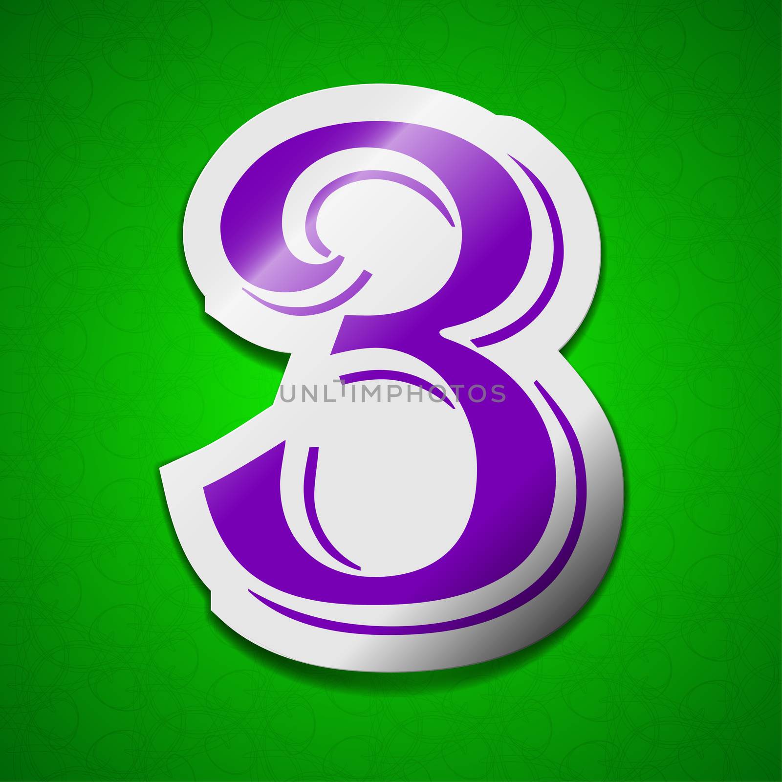 number three icon sign. Symbol chic colored sticky label on green background.  illustration