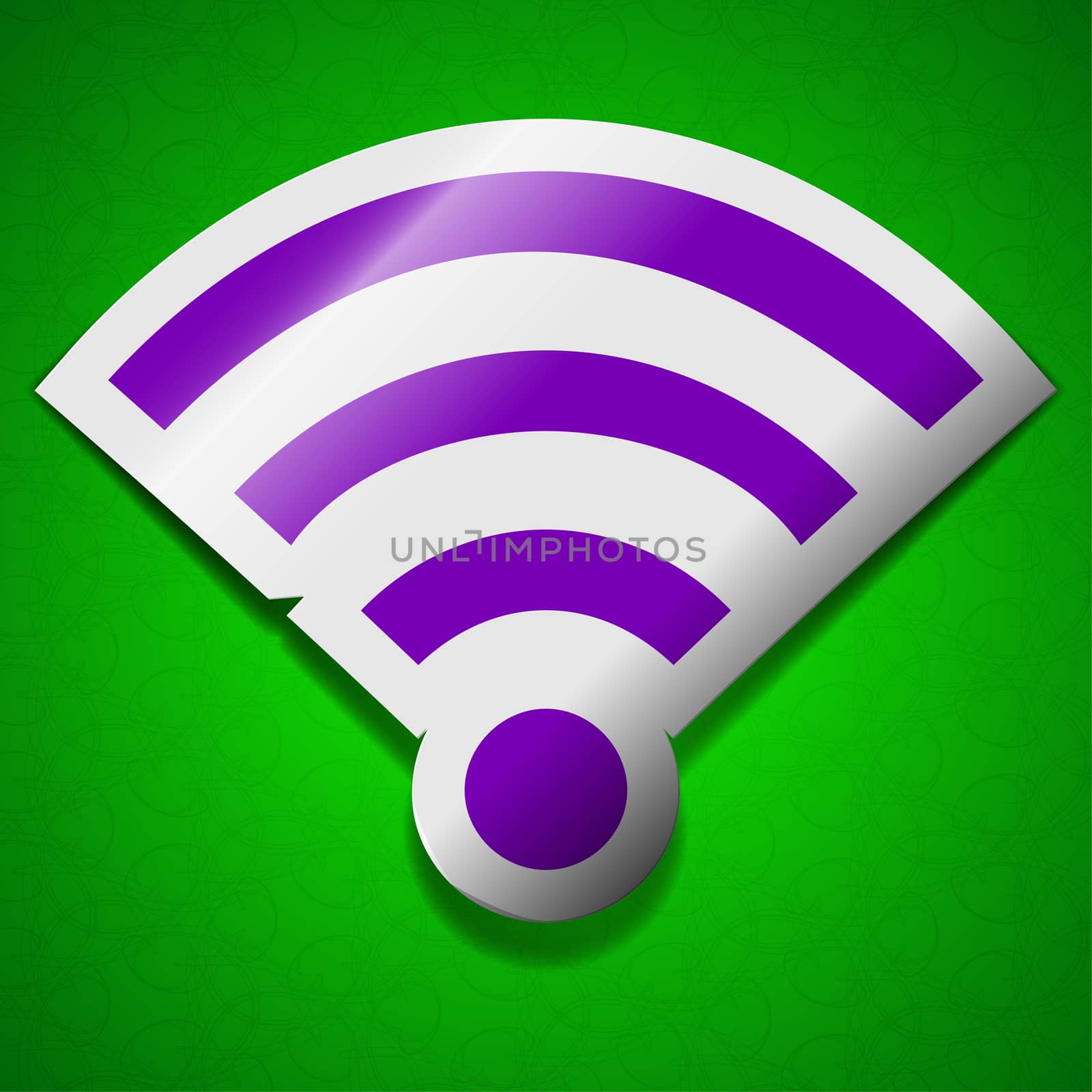 Wi-fi icon sign. Symbol chic colored sticky label on green background.  illustration