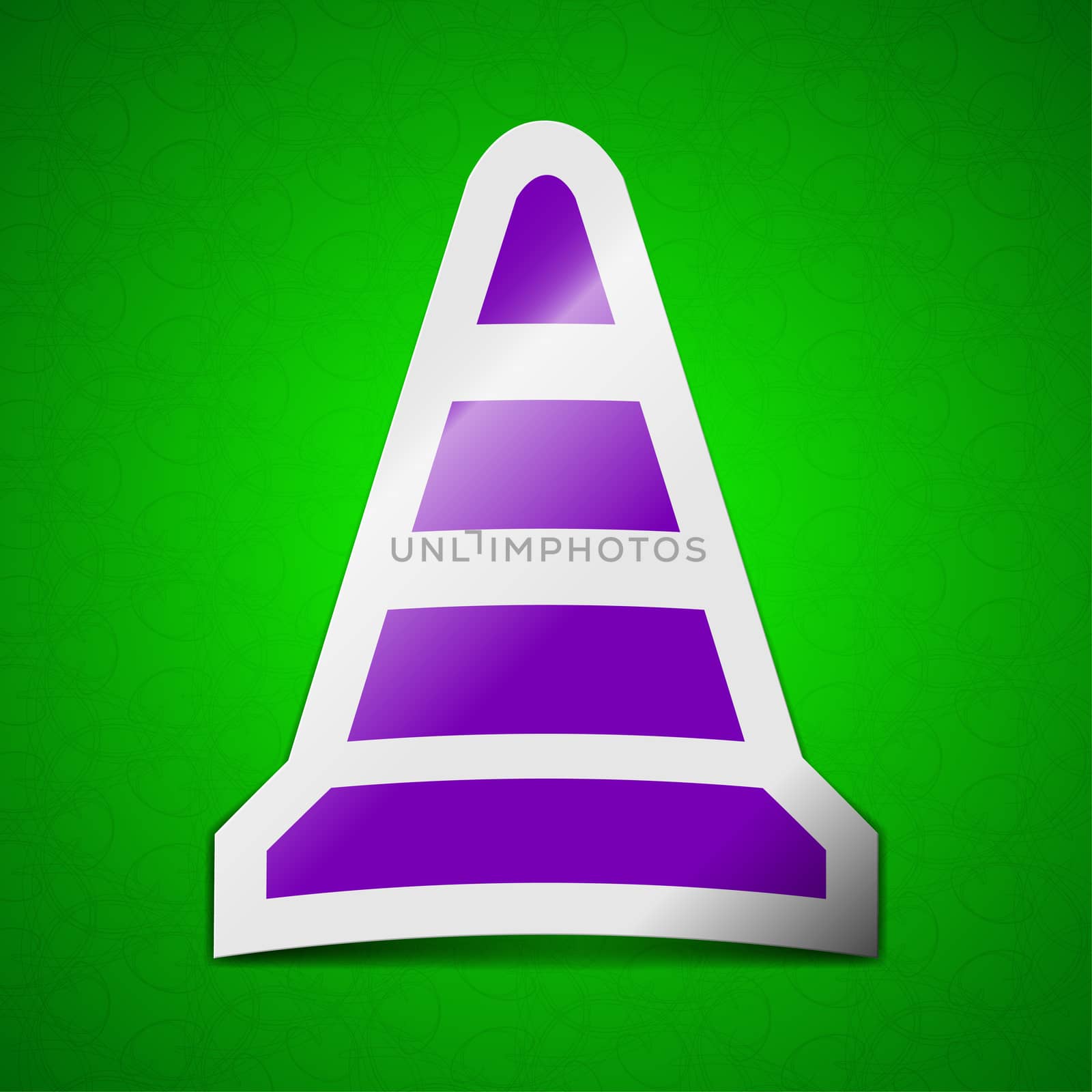 road cone icon sign. Symbol chic colored sticky label on green background.  illustration