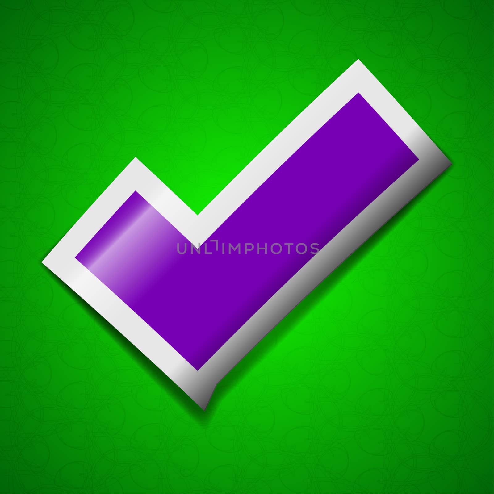 Check mark icon sign. Symbol chic colored sticky label on green background.  by serhii_lohvyniuk