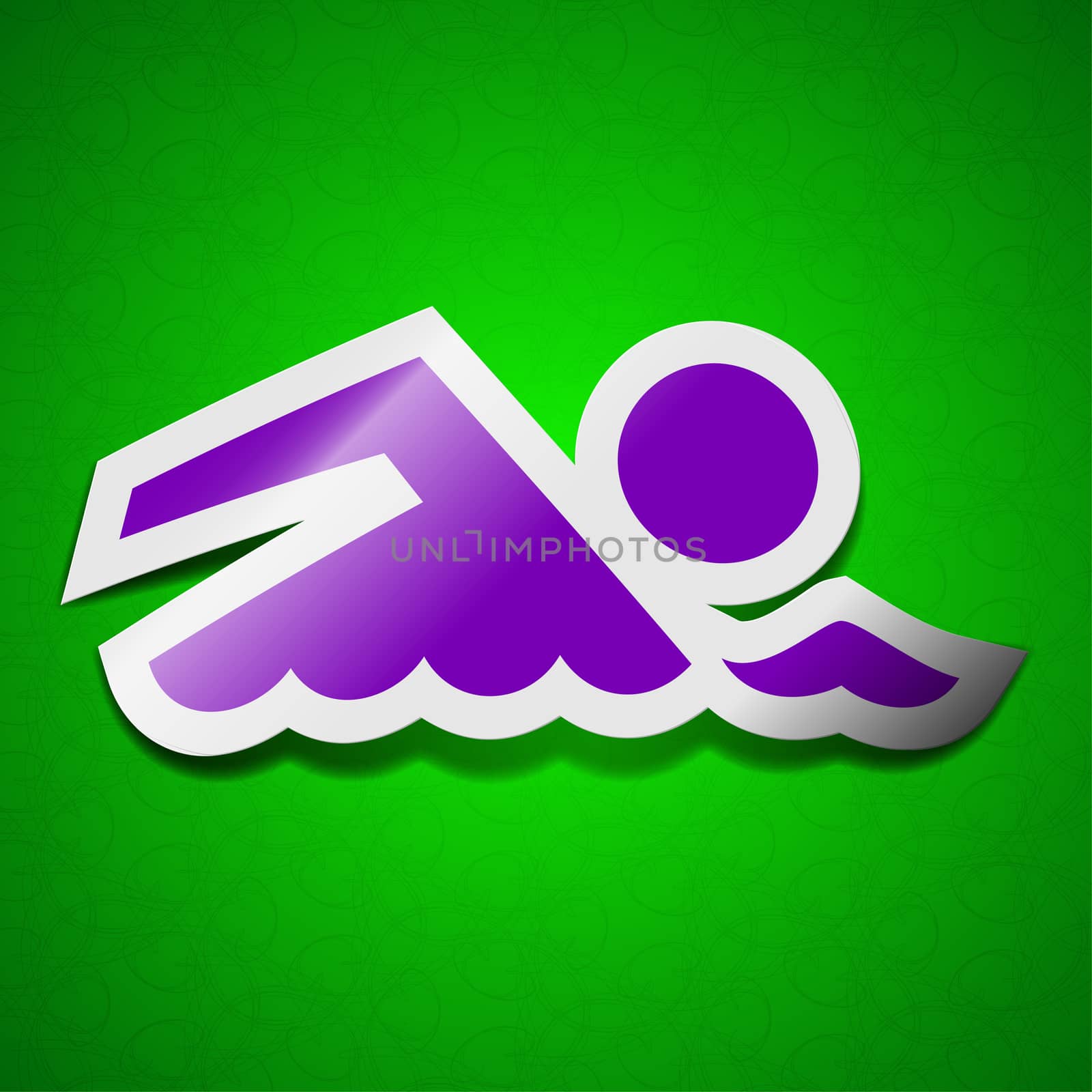 Swimming icon sign. Symbol chic colored sticky label on green background.  by serhii_lohvyniuk