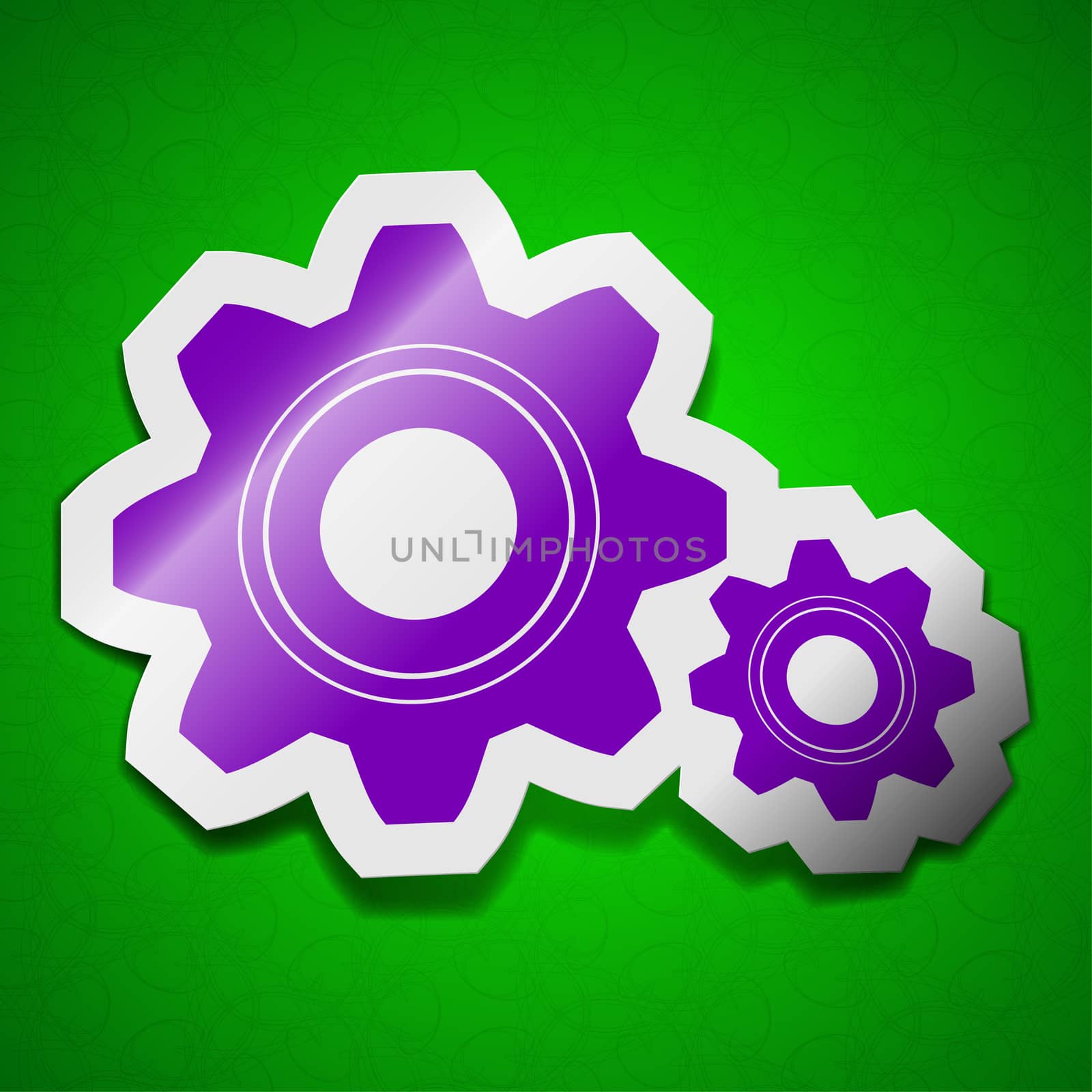 Cog settings icon sign. Symbol chic colored sticky label on green background.  illustration