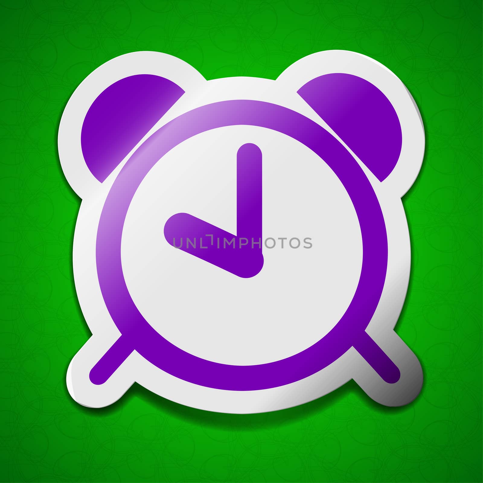 Alarm clock icon sign. Symbol chic colored sticky label on green background.  illustration