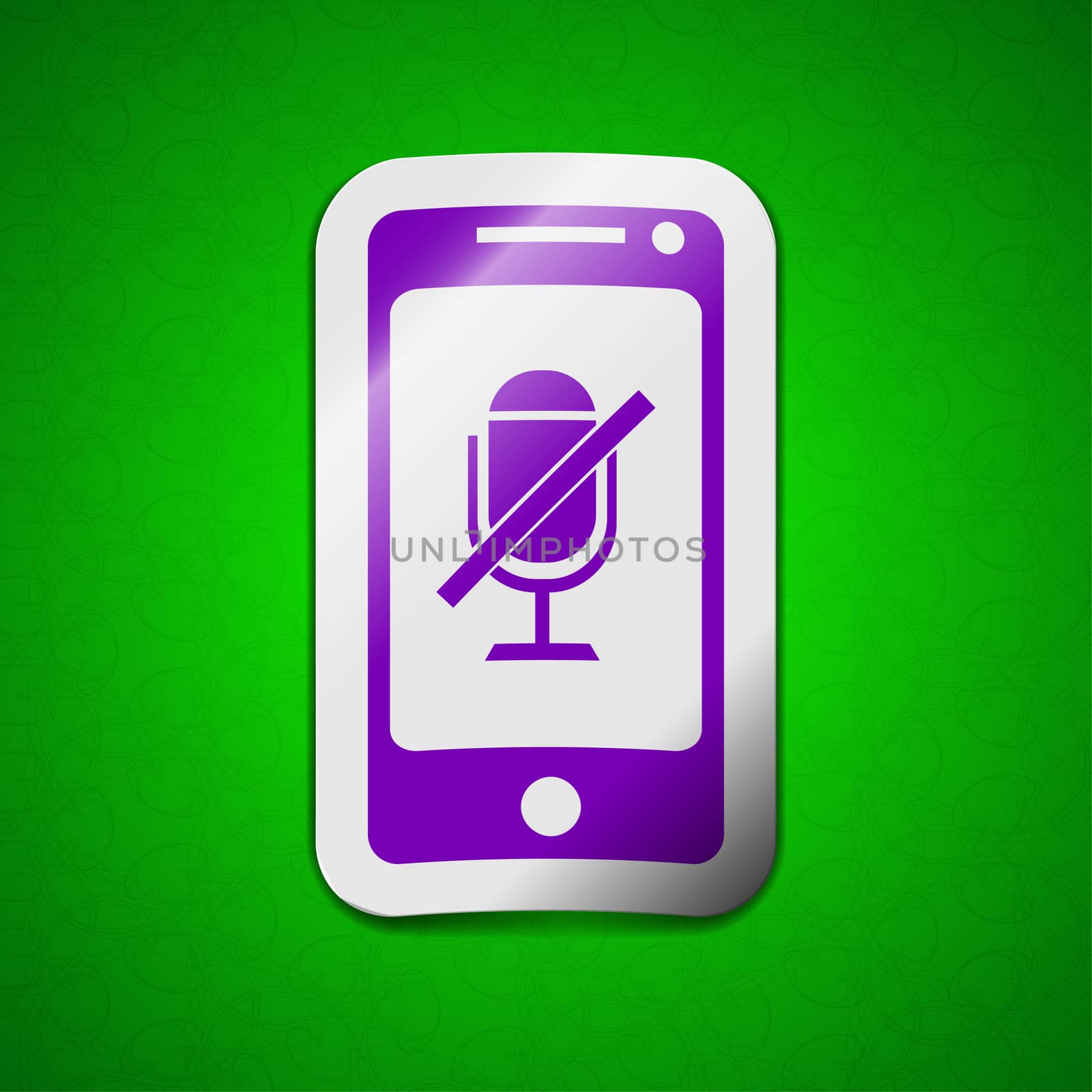 No Microphone icon sign. Symbol chic colored sticky label on green background.  illustration