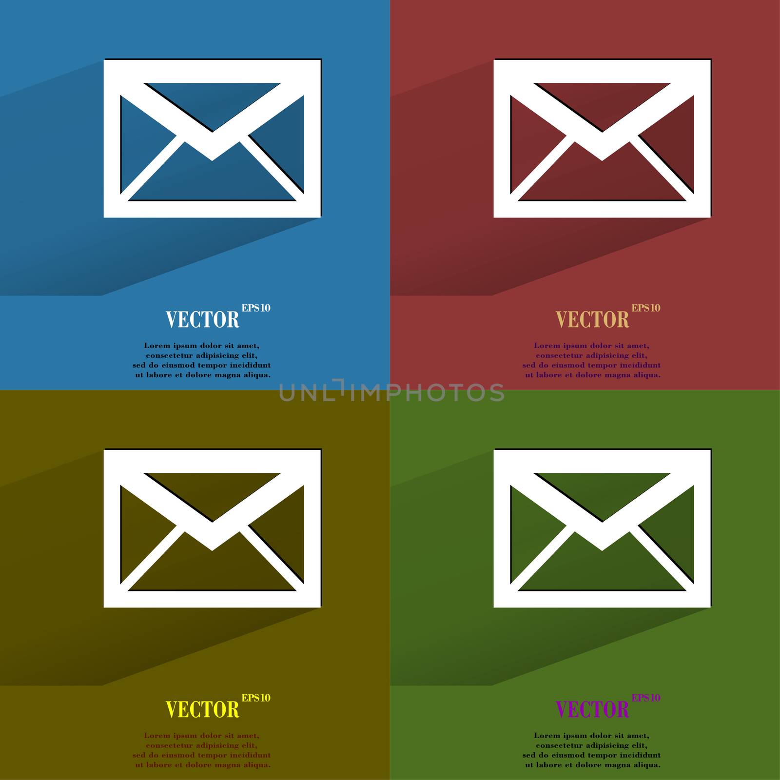 Color set mail. envelope Flat modern web button with long shadow and space for your text. . 