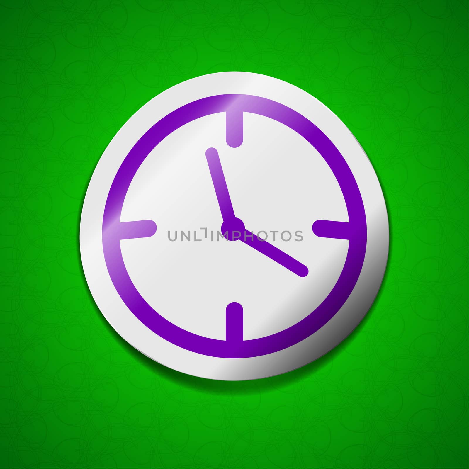 Alarm clock icon sign. Symbol chic colored sticky label on green background.  illustration