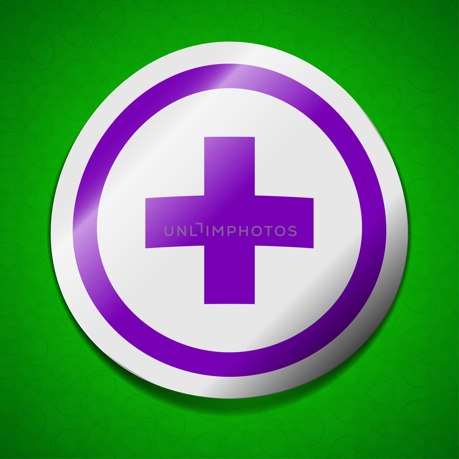 Plus icon sign. Symbol chic colored sticky label on green background.  by serhii_lohvyniuk