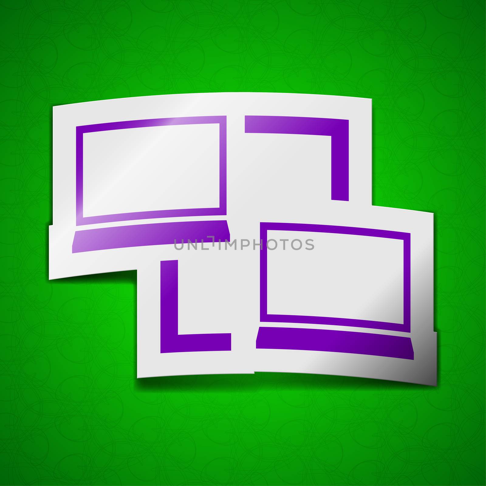 Synchronization icon sign. Symbol chic colored sticky label on green background.  illustration