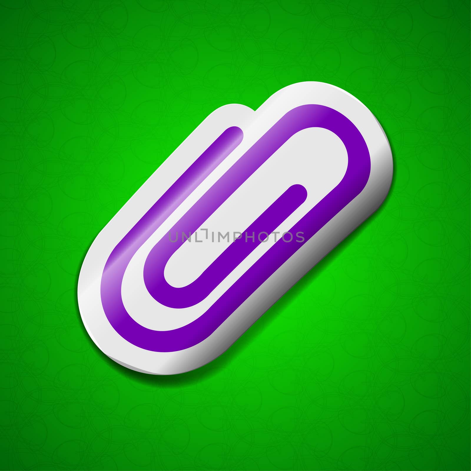Paper clip  icon sign. Symbol chic colored sticky label on green background.  illustration
