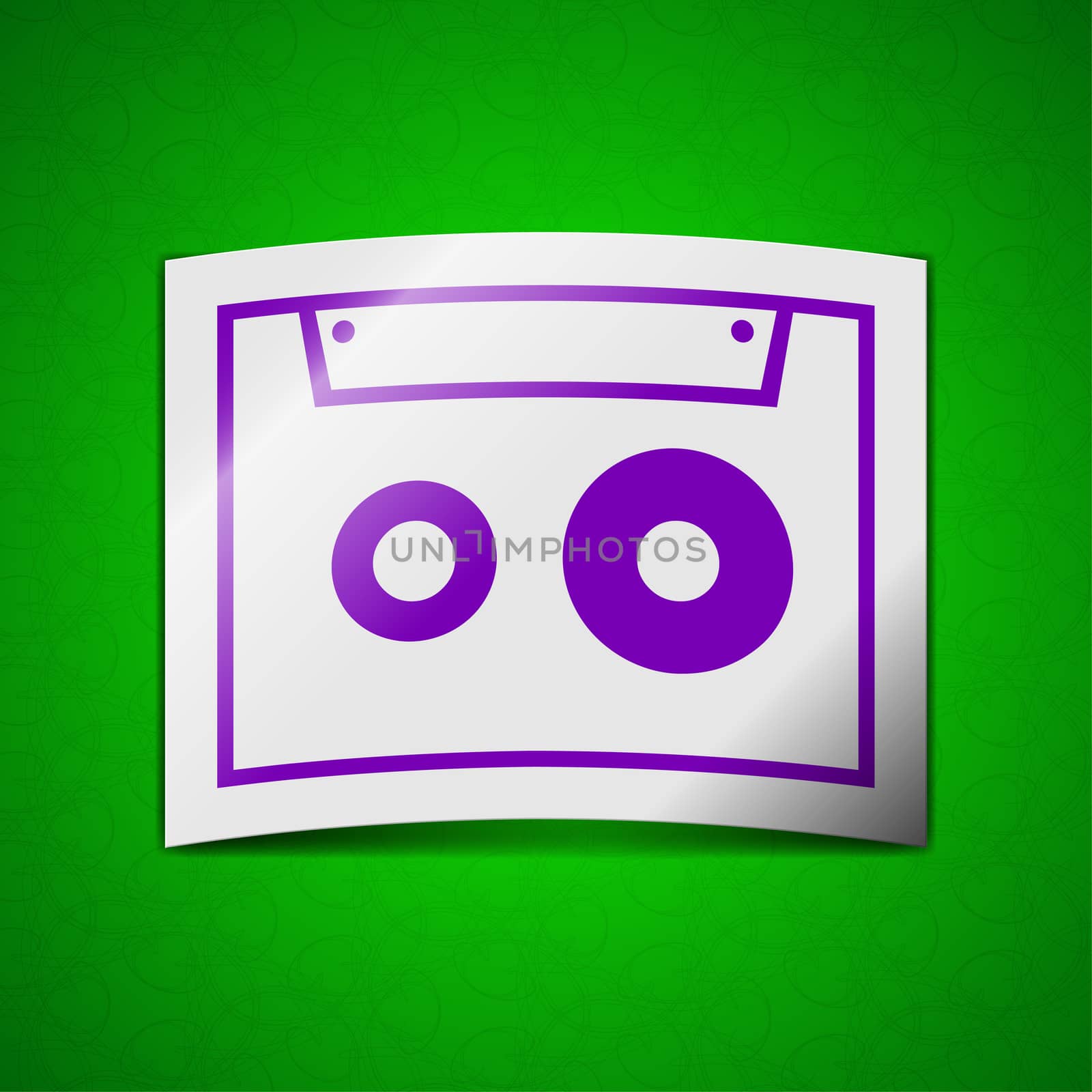 cassette icon sign. Symbol chic colored sticky label on green background.  by serhii_lohvyniuk