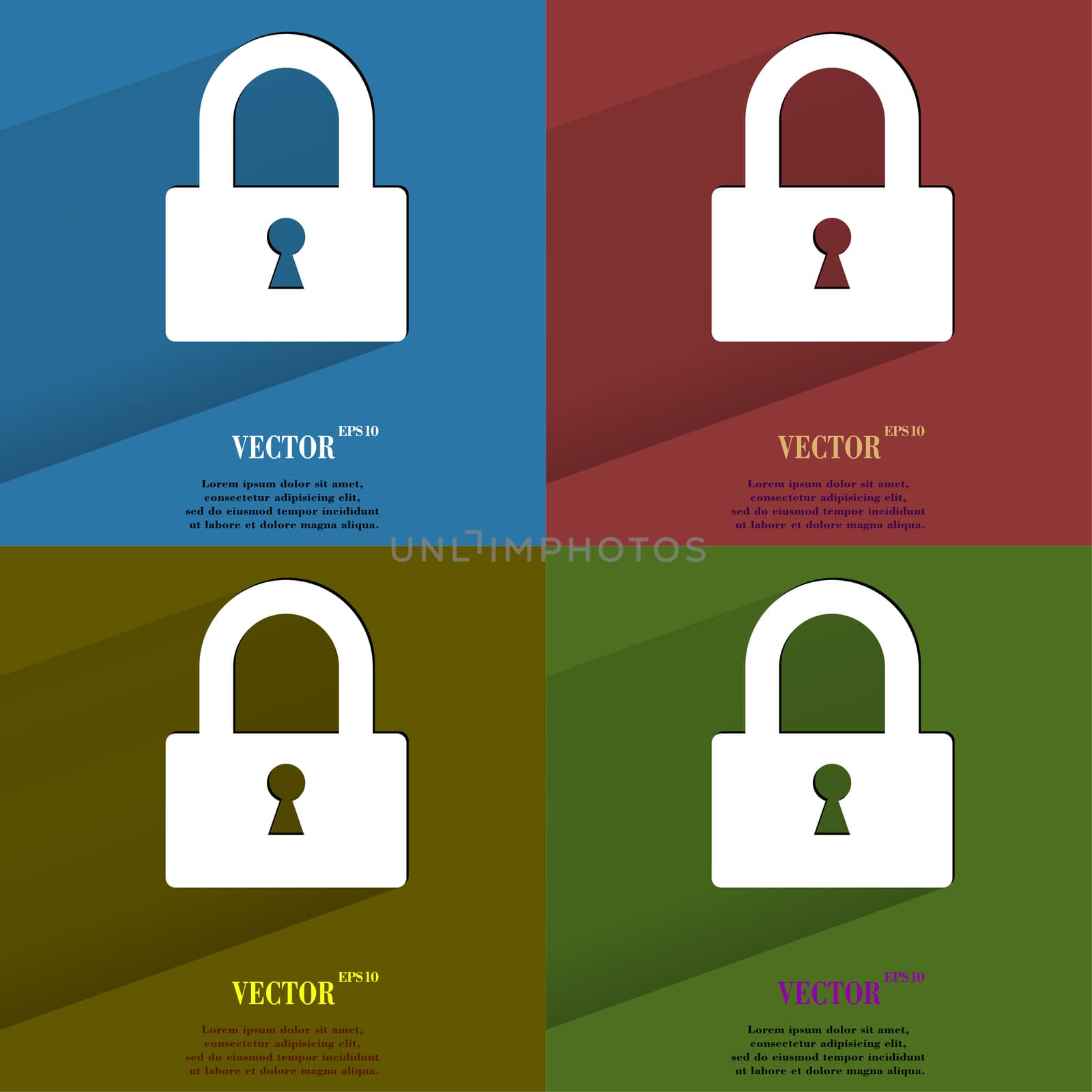 Color set padlock. Flat modern web button with long shadow and space for your text. by serhii_lohvyniuk