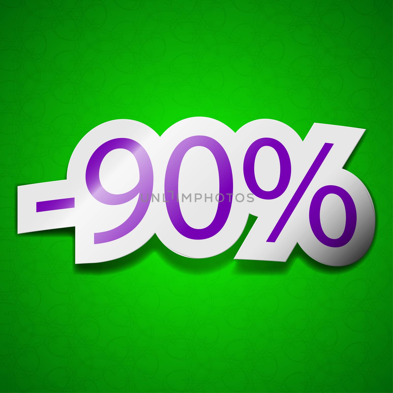 90 percent discount icon sign. Symbol chic colored sticky label on green background.  illustration