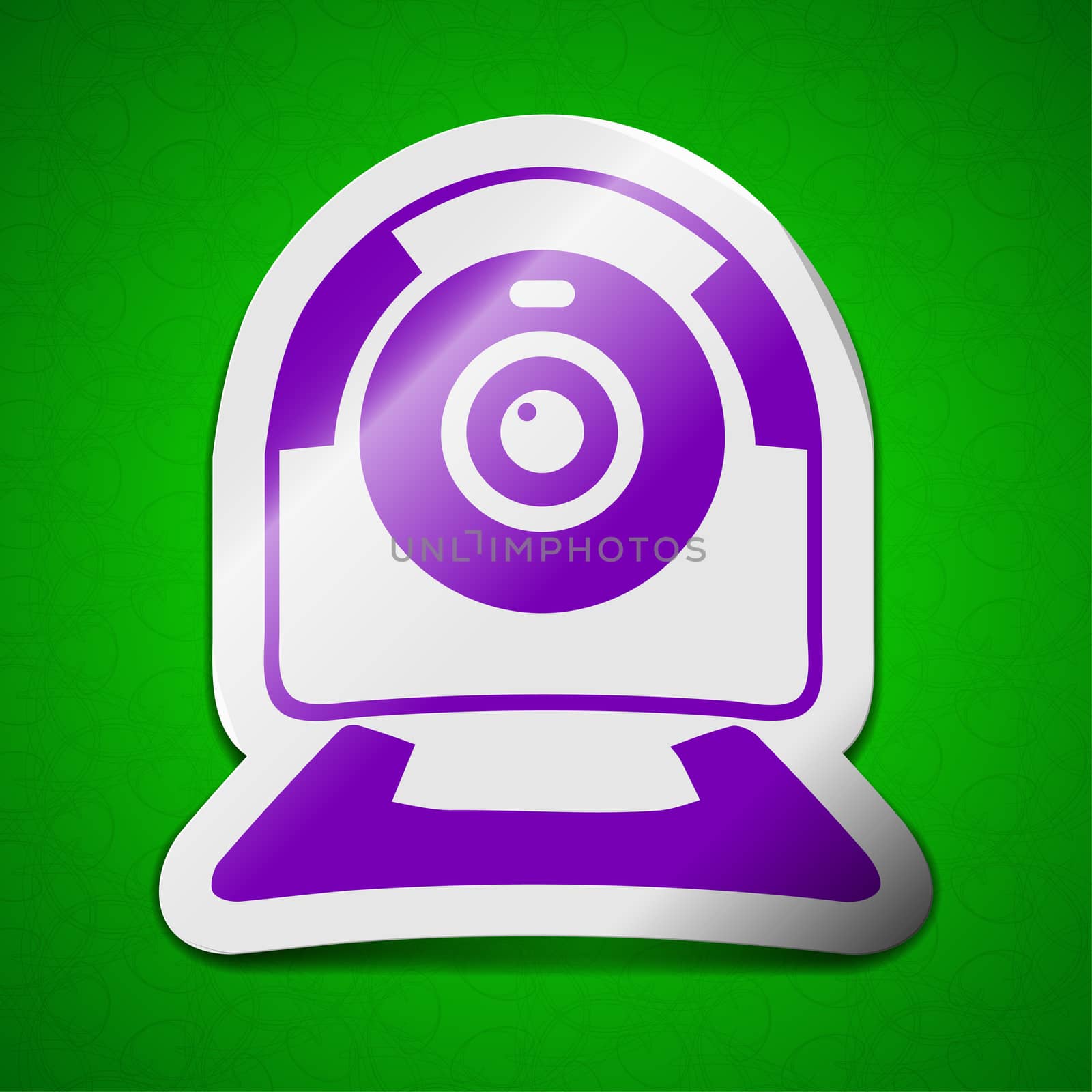 Webcam icon sign. Symbol chic colored sticky label on green background.  illustration