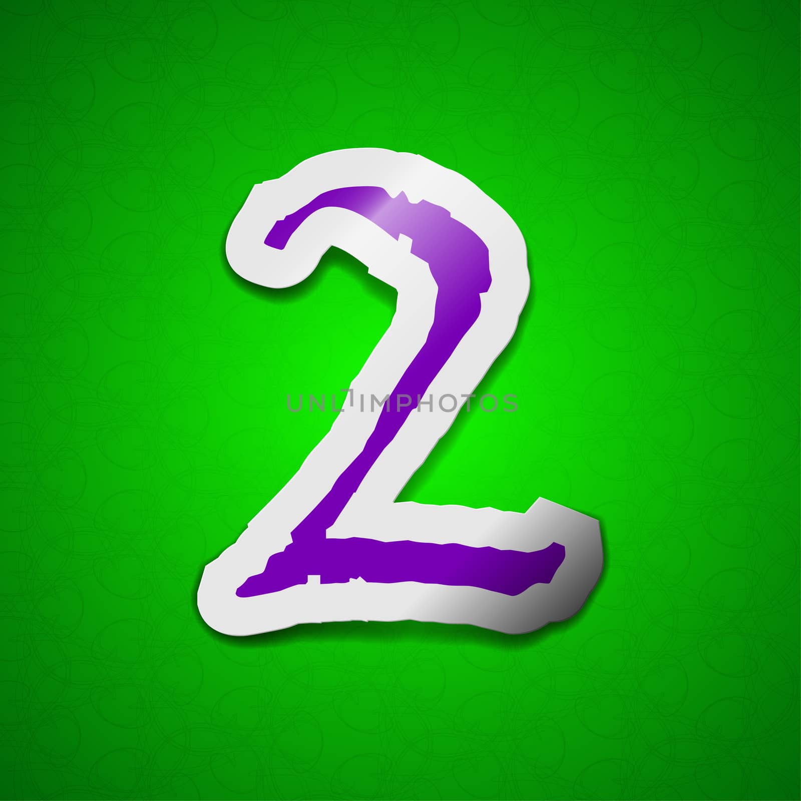 number two icon sign. Symbol chic colored sticky label on green background.  illustration