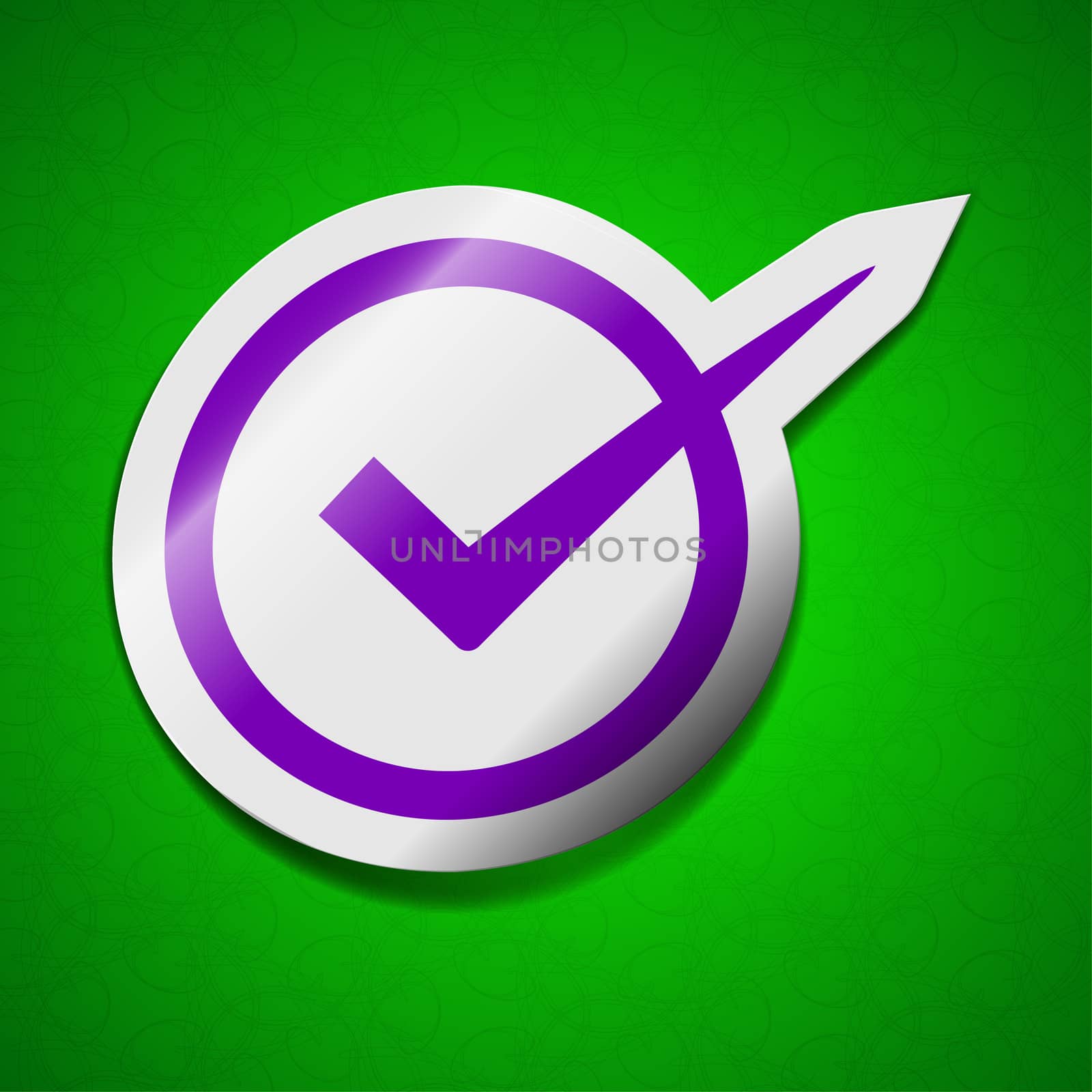 Check mark icon sign. Symbol chic colored sticky label on green background.  illustration