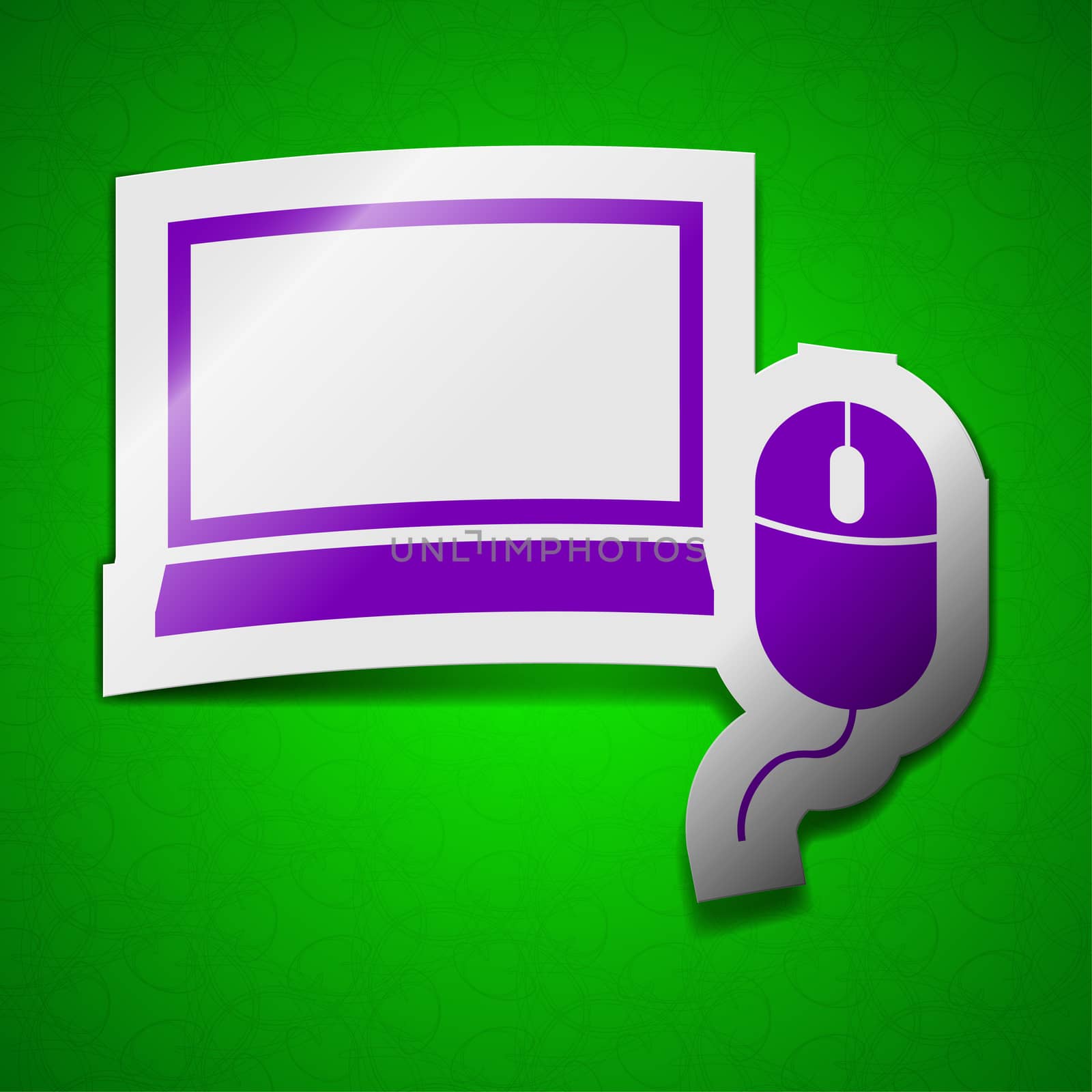 Computer widescreen monitor, mouse icon sign. Symbol chic colored sticky label on green background.  by serhii_lohvyniuk