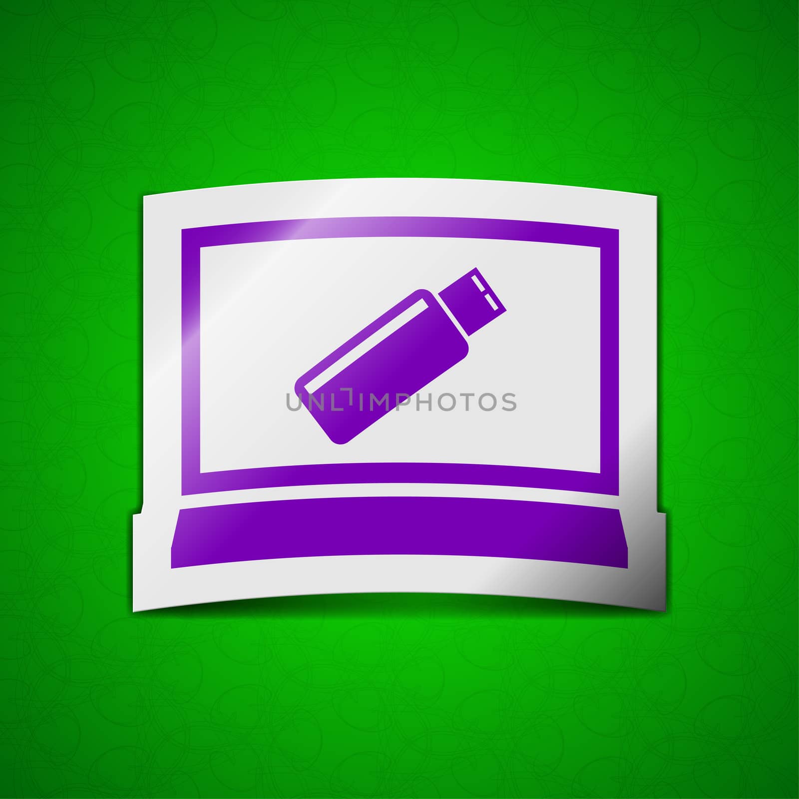 usb flash drive and monitor icon sign. Symbol chic colored sticky label on green background.  illustration
