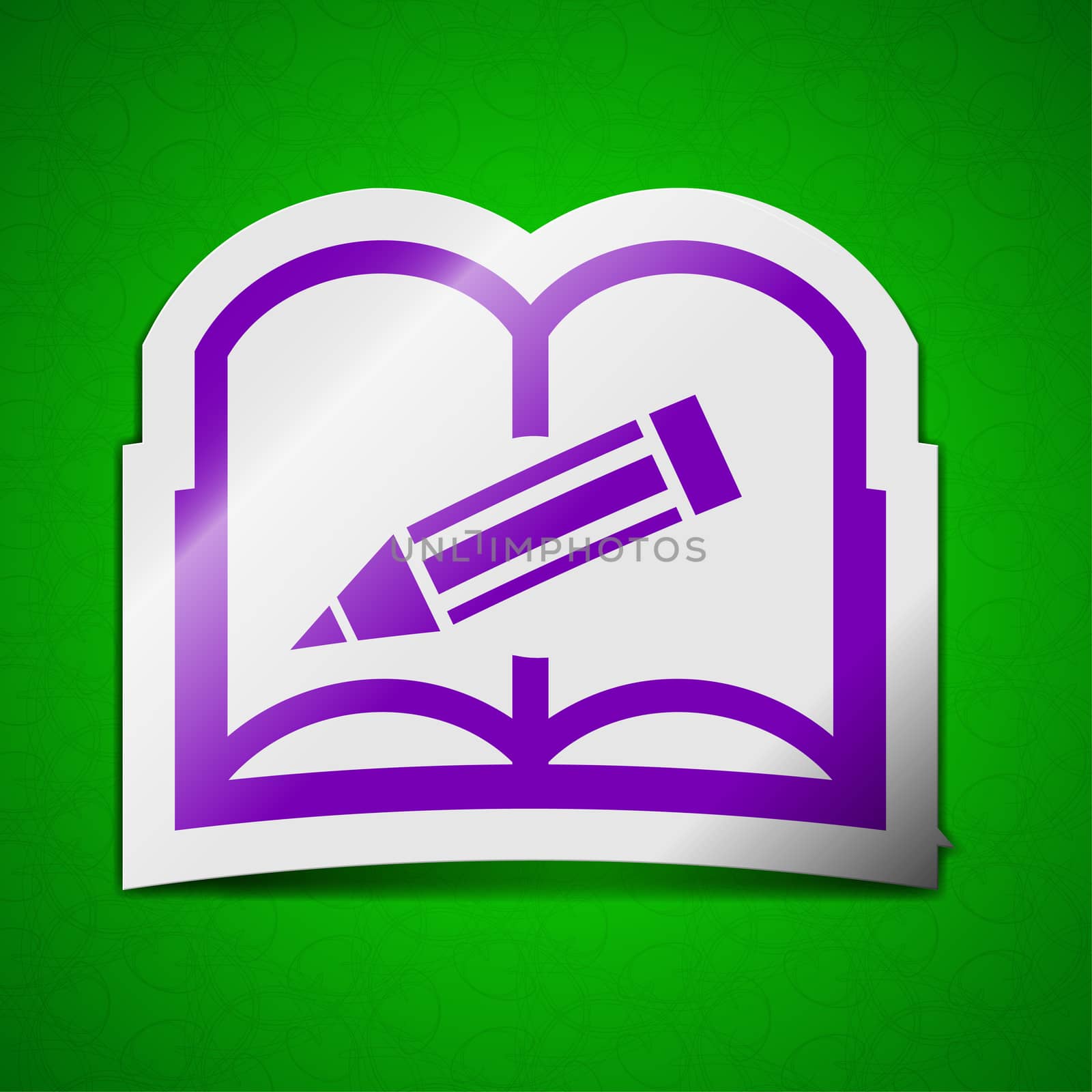 Open book icon sign. Symbol chic colored sticky label on green background.  illustration