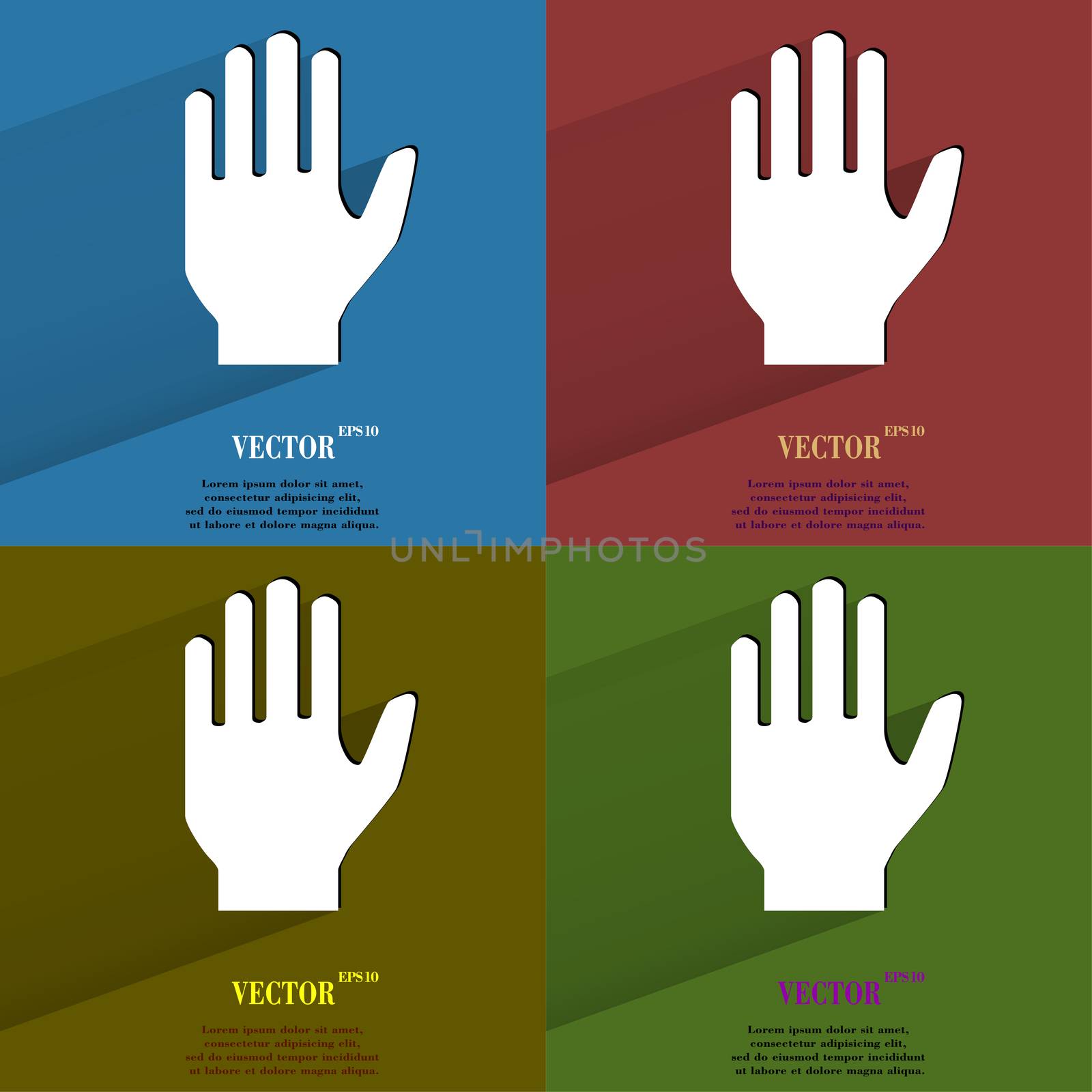 Color set Stop. hand Flat modern web button with long shadow and space for your text. . 