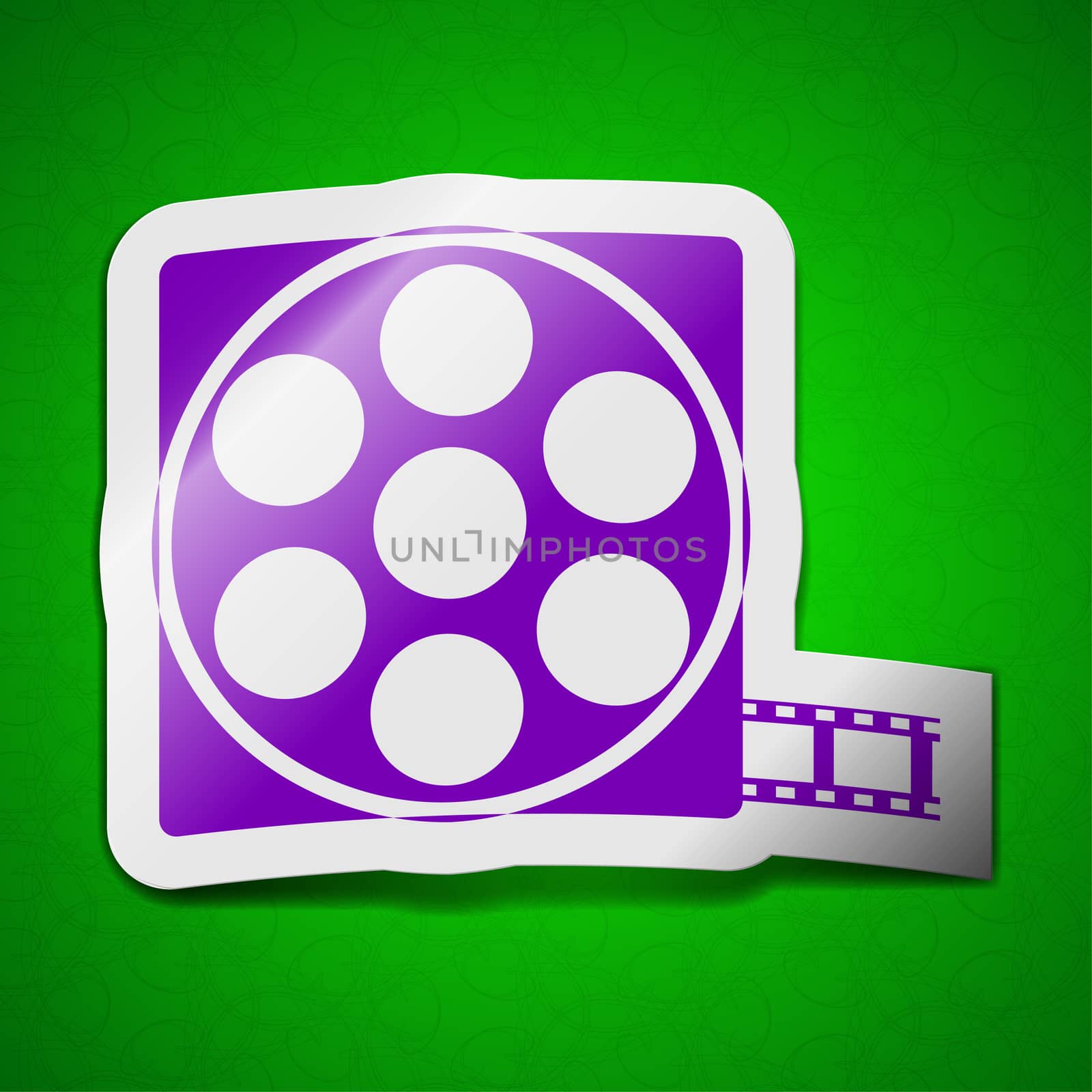 Video icon sign. Symbol chic colored sticky label on green background.  illustration