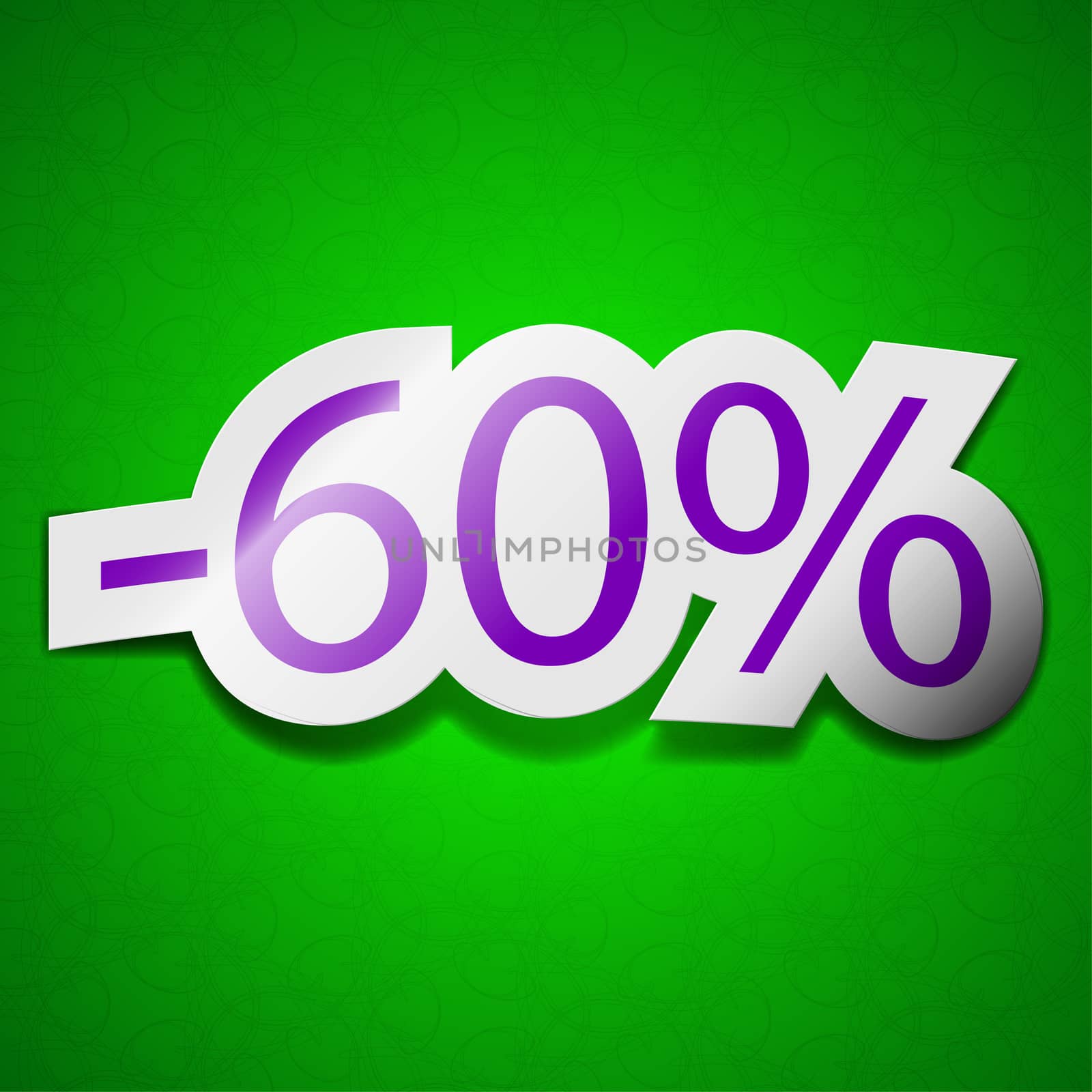 60 percent discount icon sign. Symbol chic colored sticky label on green background.  illustration