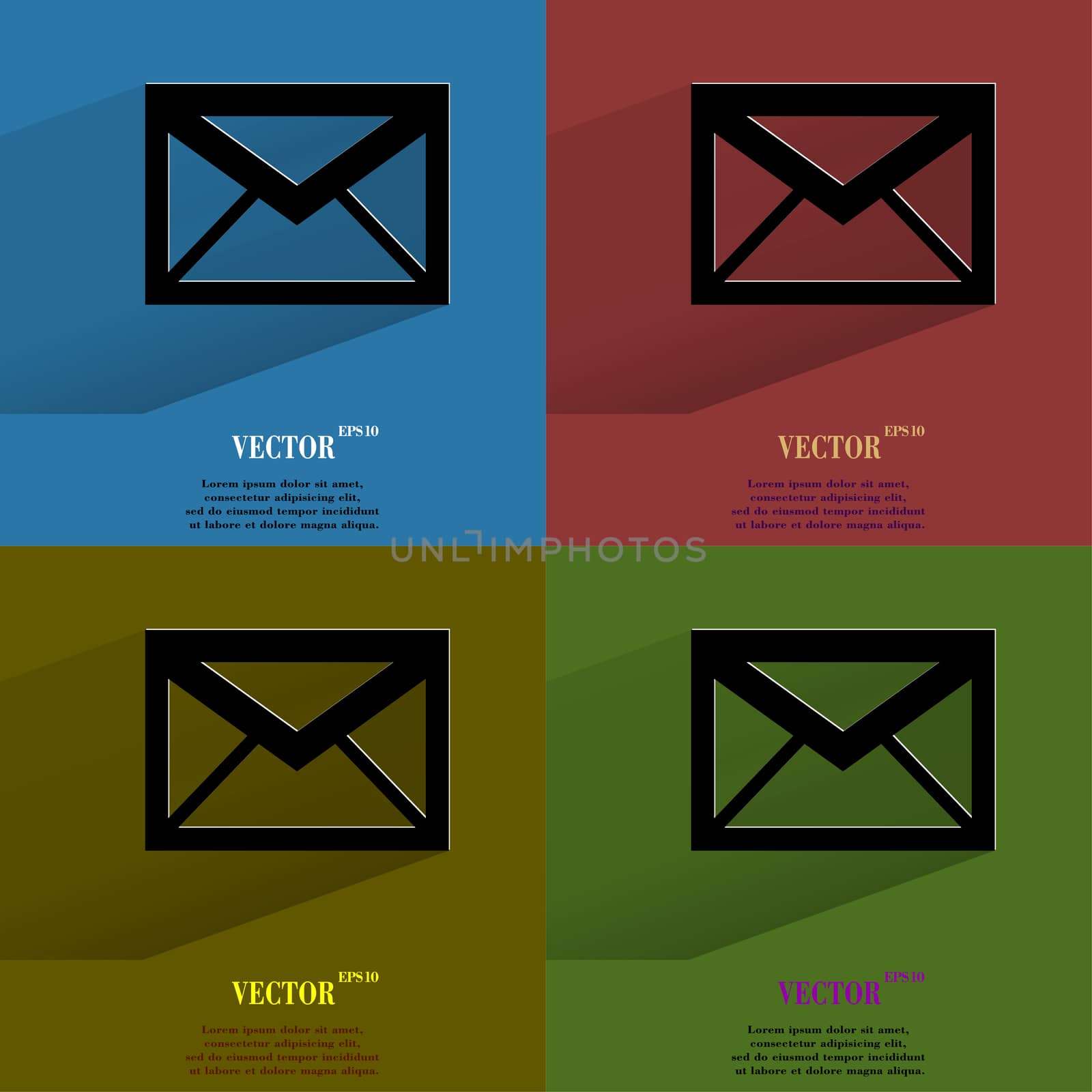 Color set mail. envelope Flat modern web button with long shadow and space for your text. . 